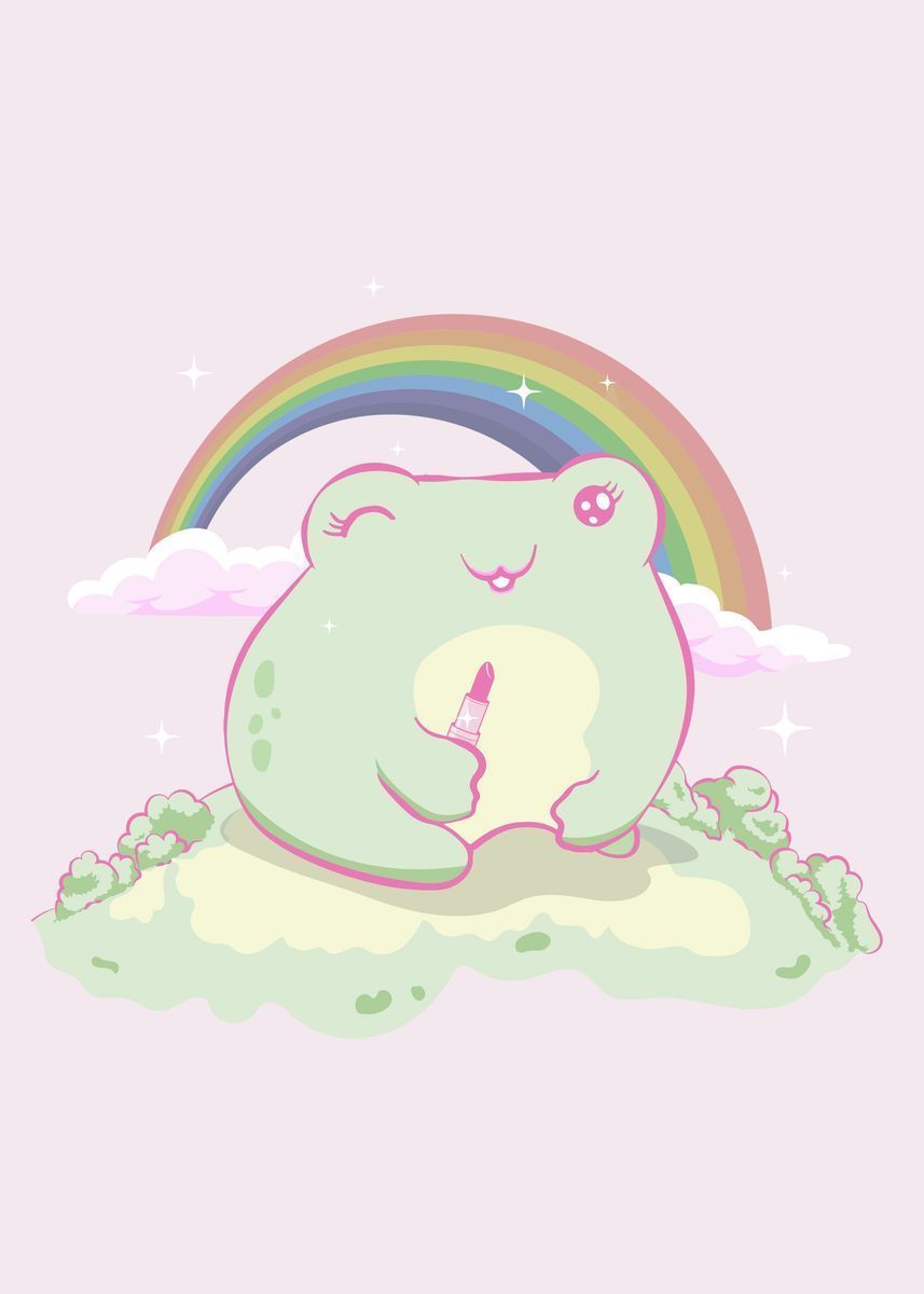 A digital illustration of a cute, kawaii frog sitting on a cloud with a rainbow behind it. - Coquette