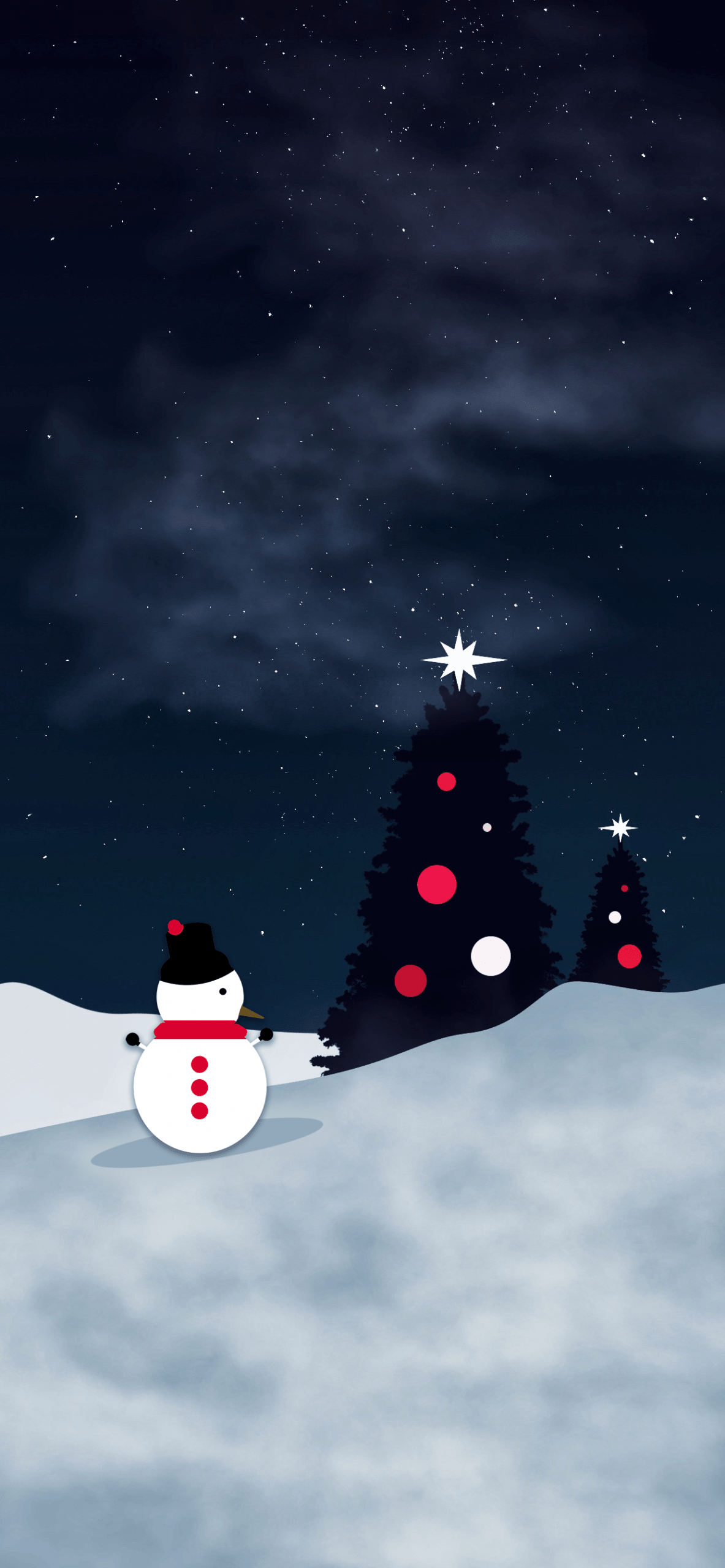 A snowman standing in a snowy field with a starry sky above - White Christmas