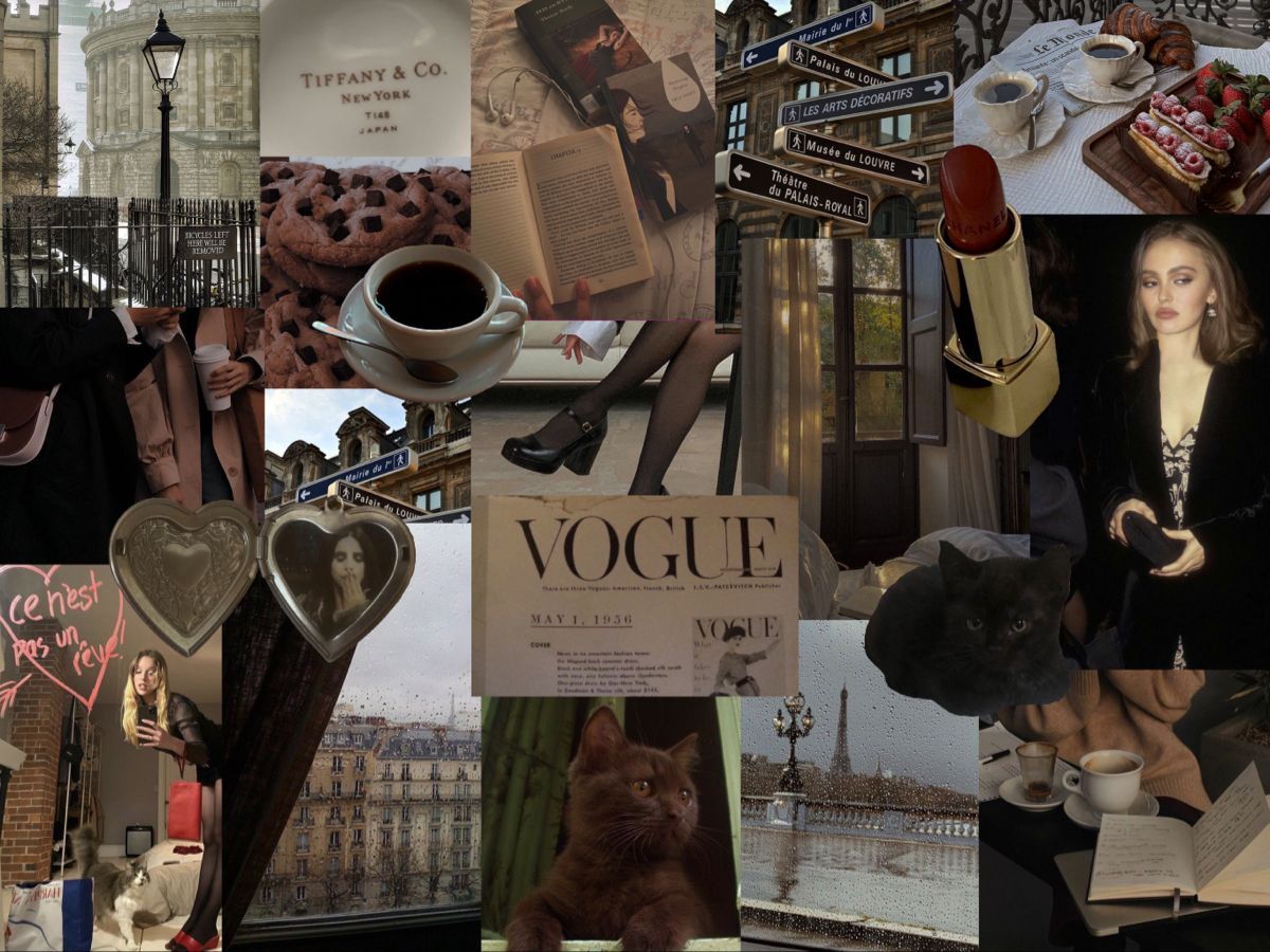 Aesthetic collage of a woman, cat, coffee, books, lipstick, and street signs. - Coquette