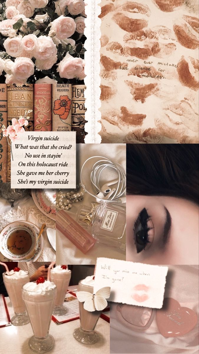 A collage of a woman's face, books, and a pink rose. - Coquette