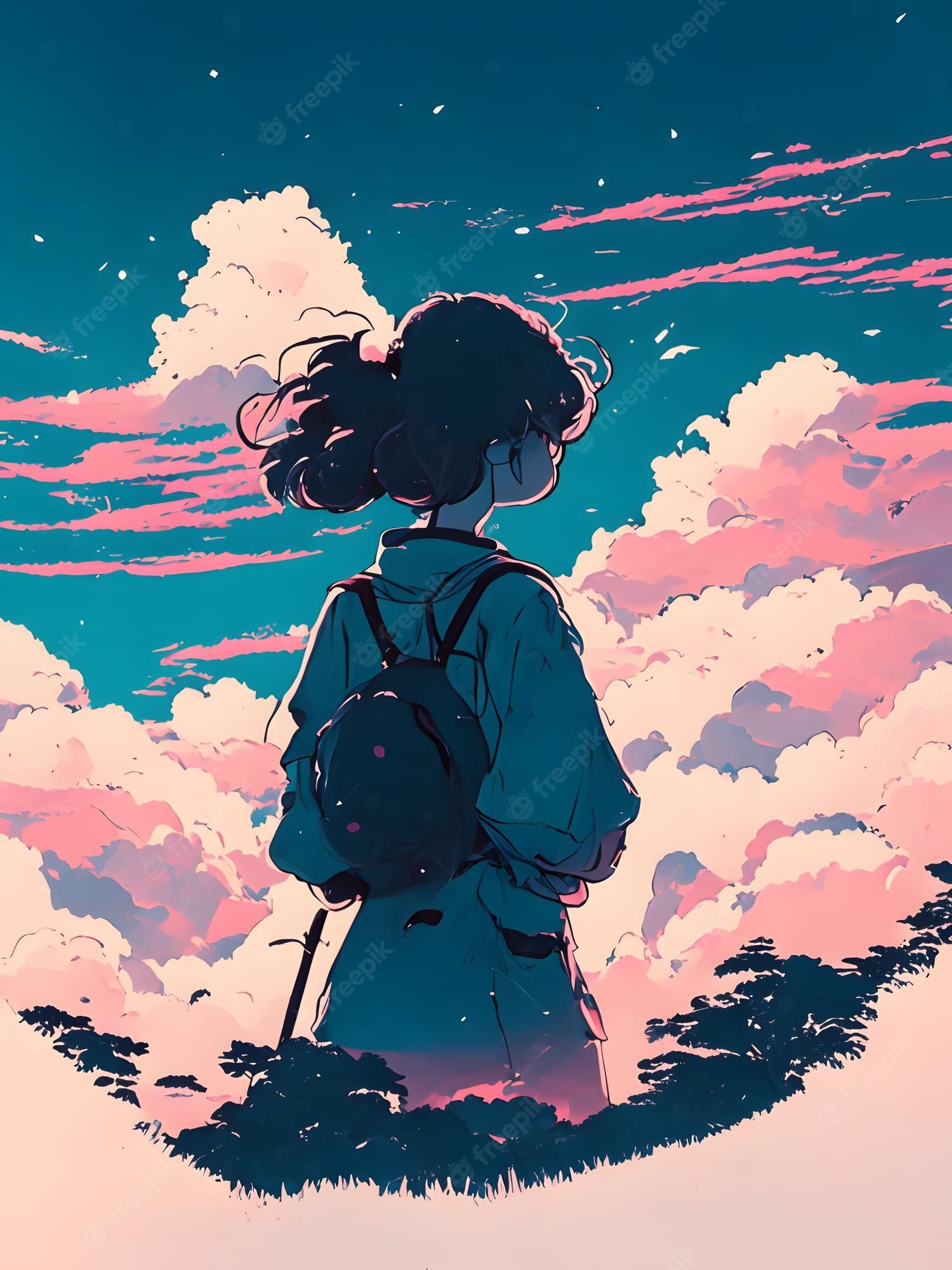 Anime girl standing on the hill with beautiful sky background, illustration painting - Anime girl