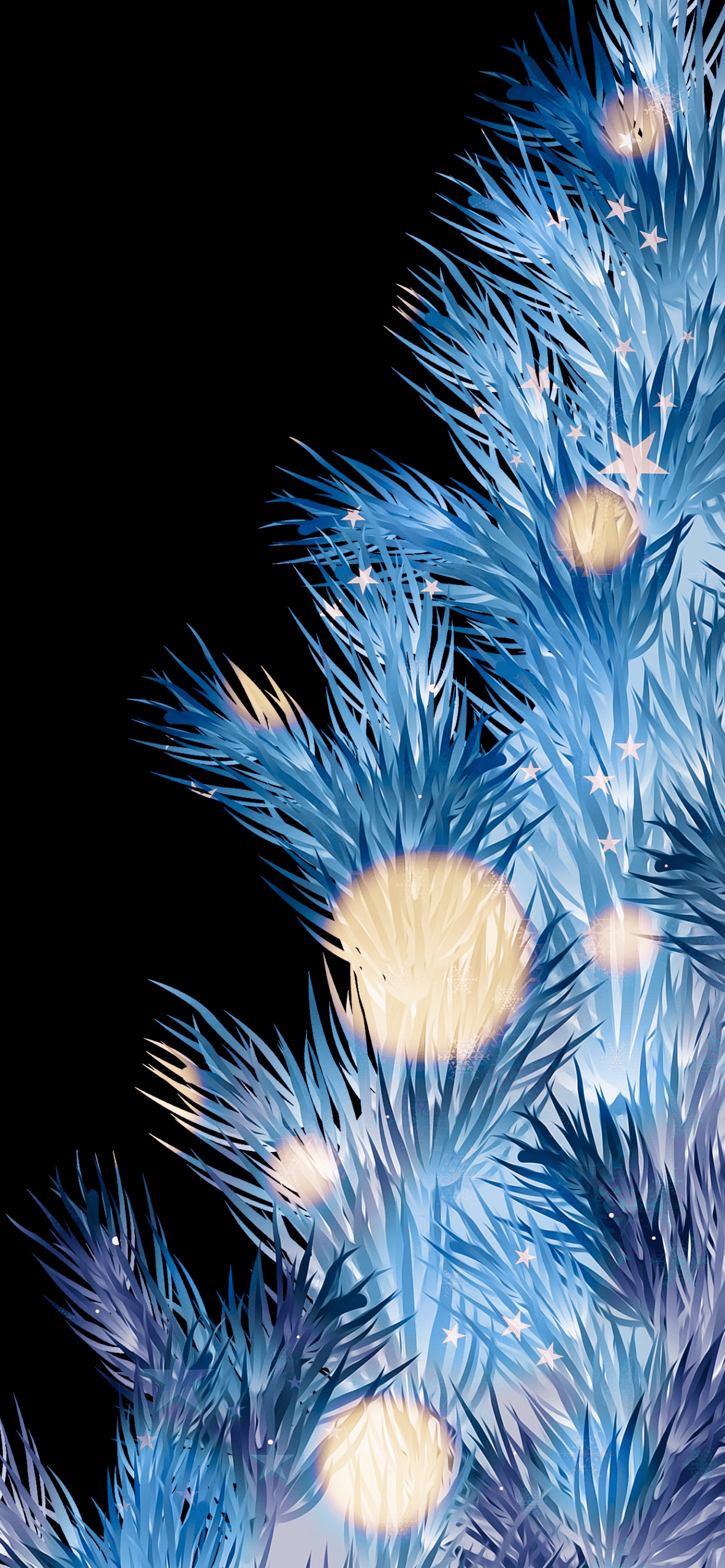 A blue pine tree branch with lights on a black background - White Christmas