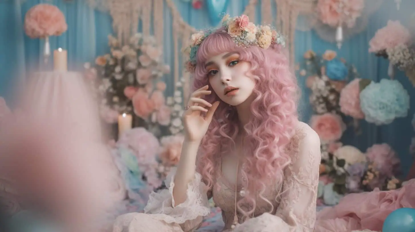 A woman with pink hair and a flower crown - Coquette