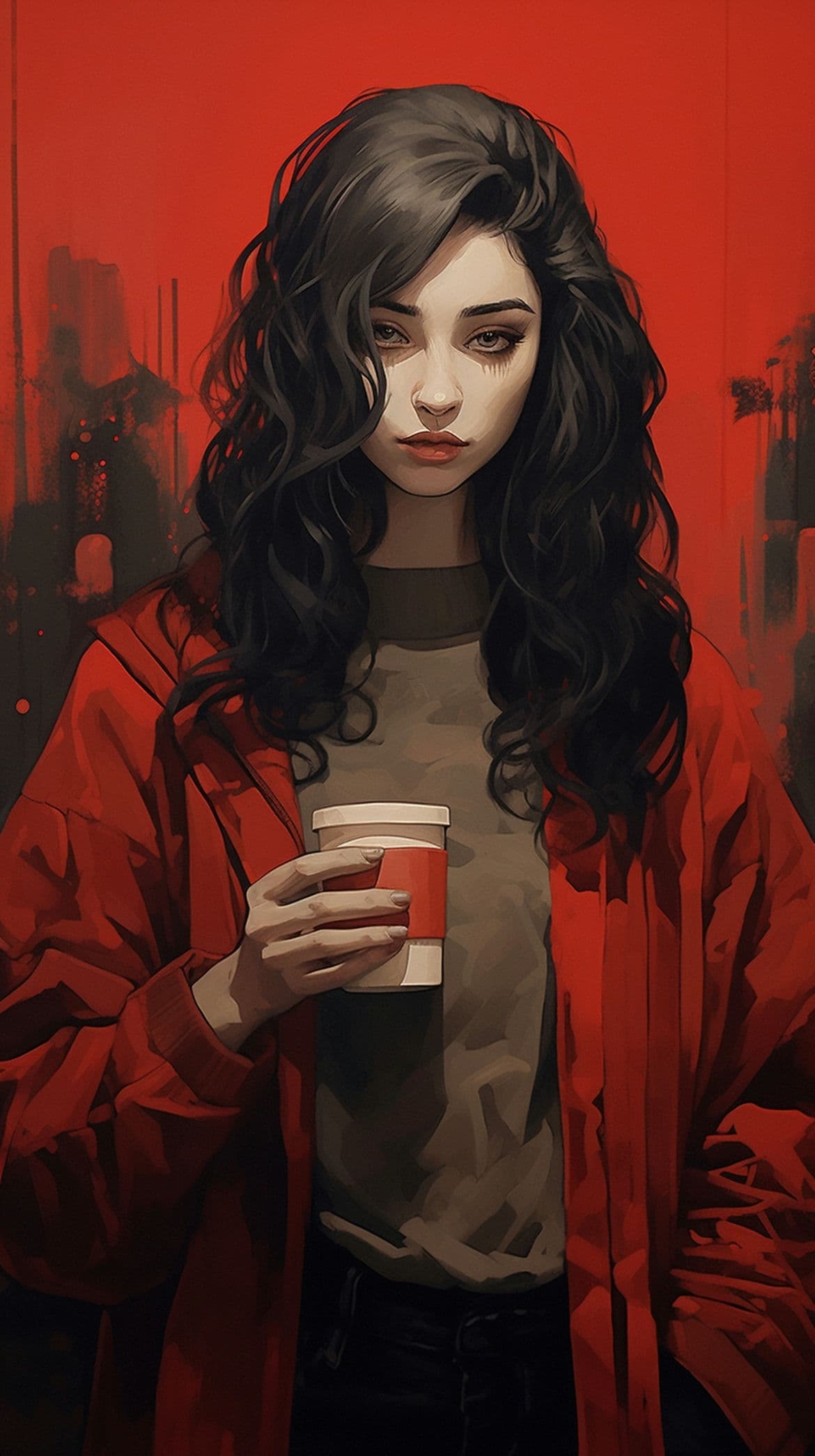 Black haired girl with a cup of coffee in her hands - Anime girl