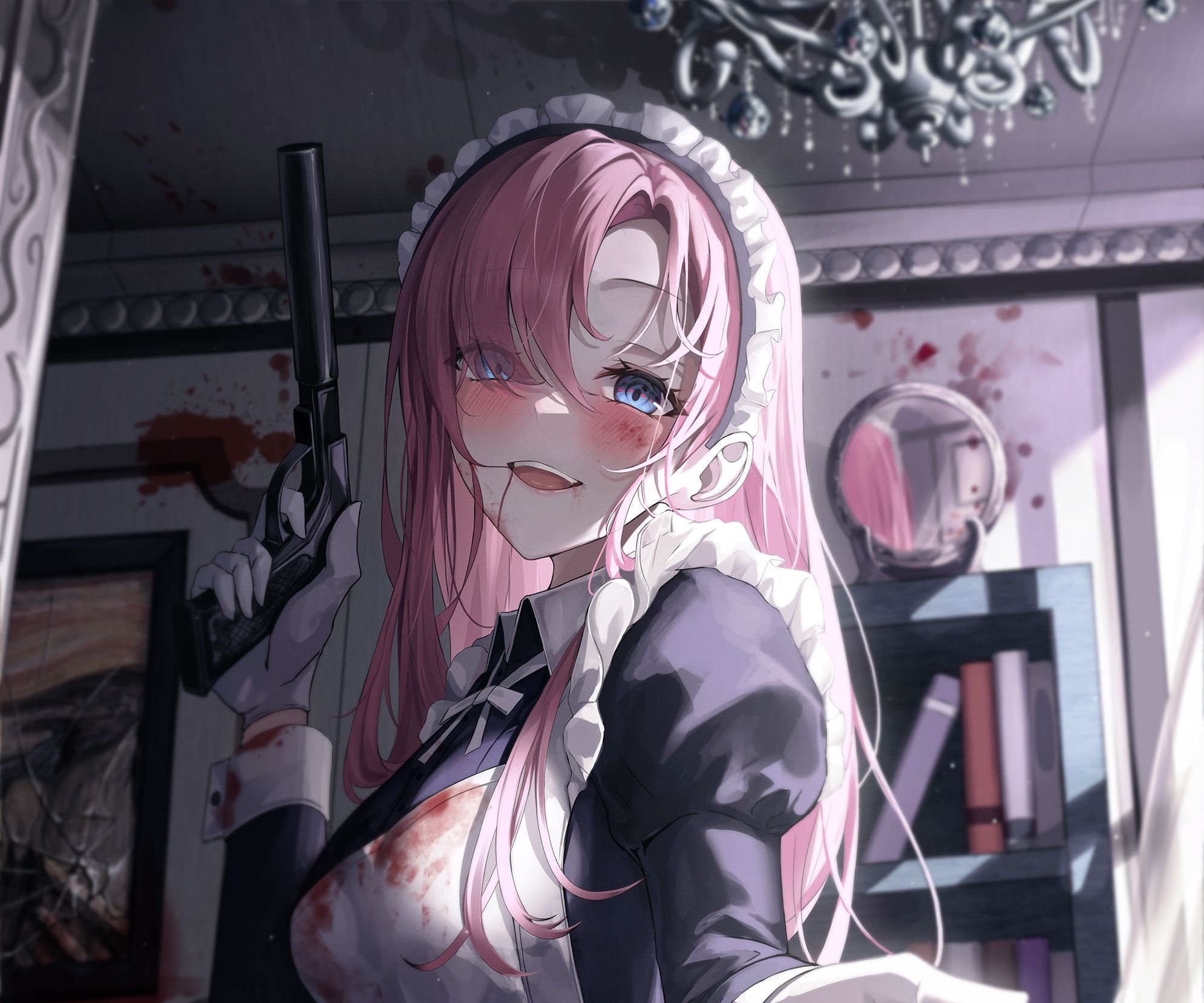 Anime girl with pink hair holding a gun - Anime girl