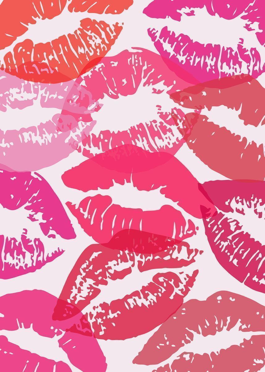 A pattern of lipstick kisses in various shades of pink and red. - Coquette