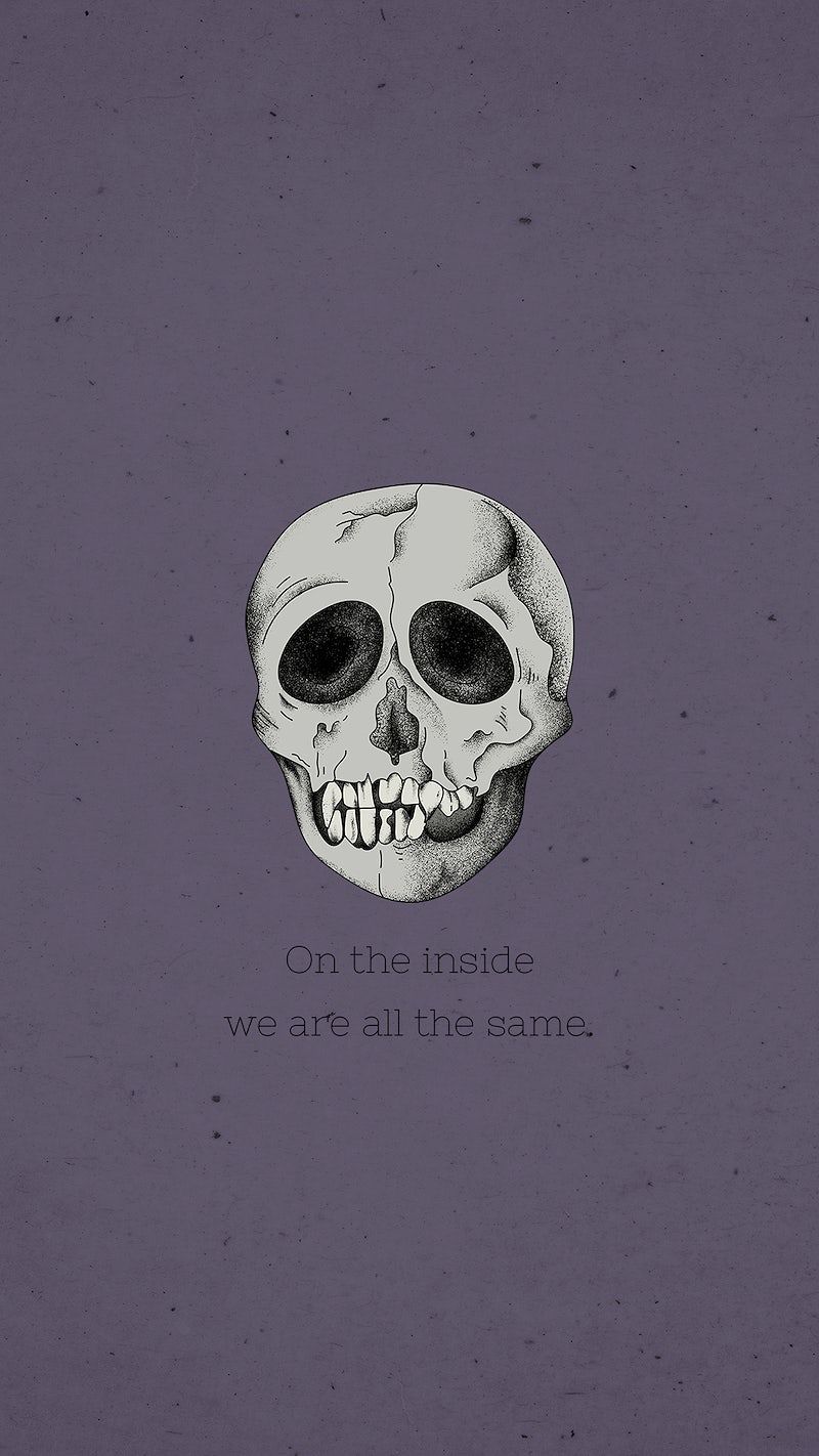A skull on a purple background with the words 