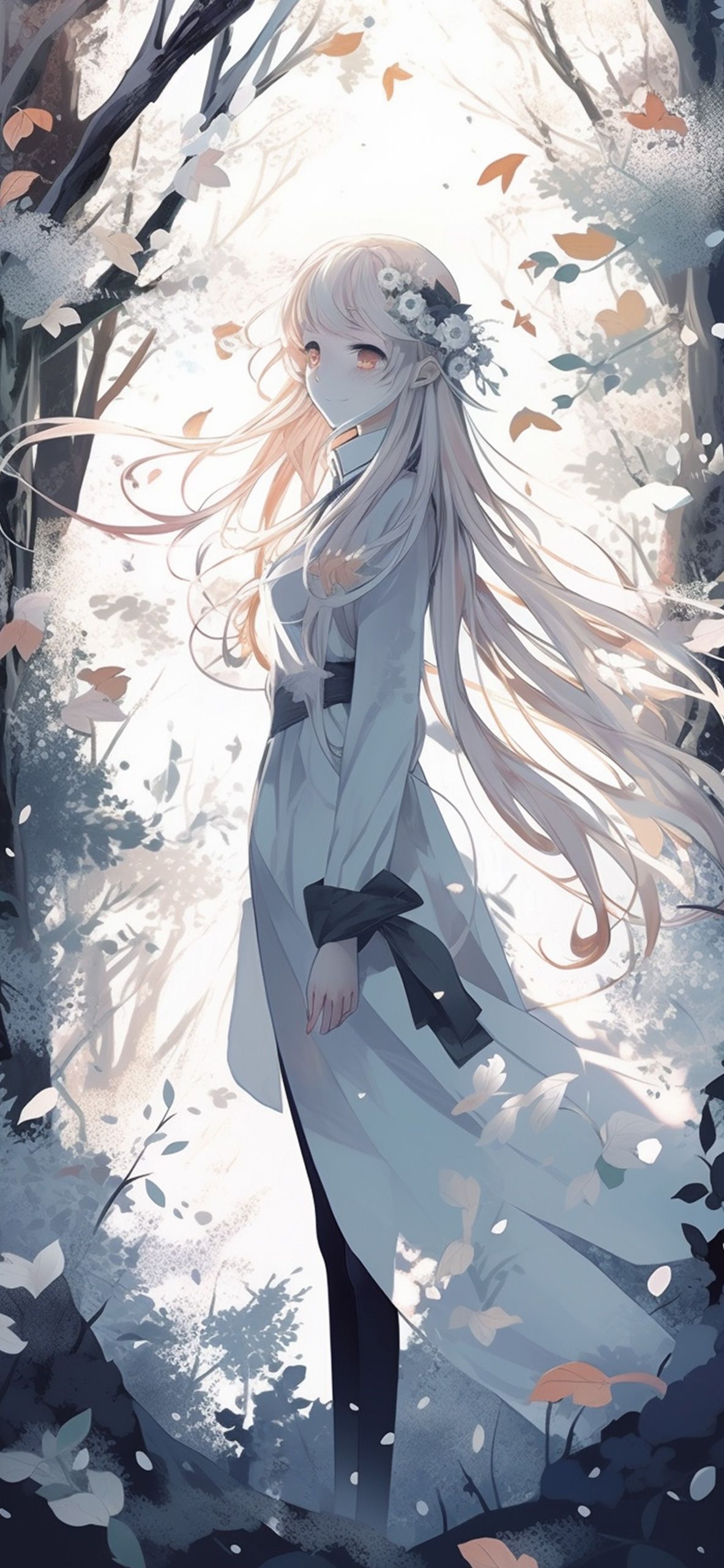 Anime girl with long white hair in a white dress - Anime girl
