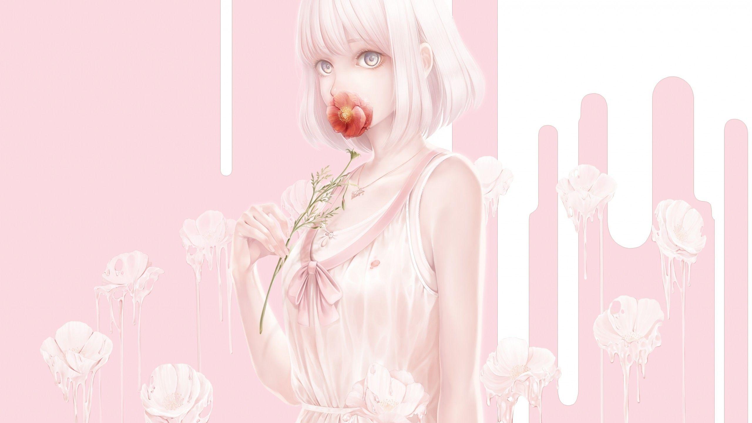 Cute pastel pink anime girl. wallpaper [2560x1440]