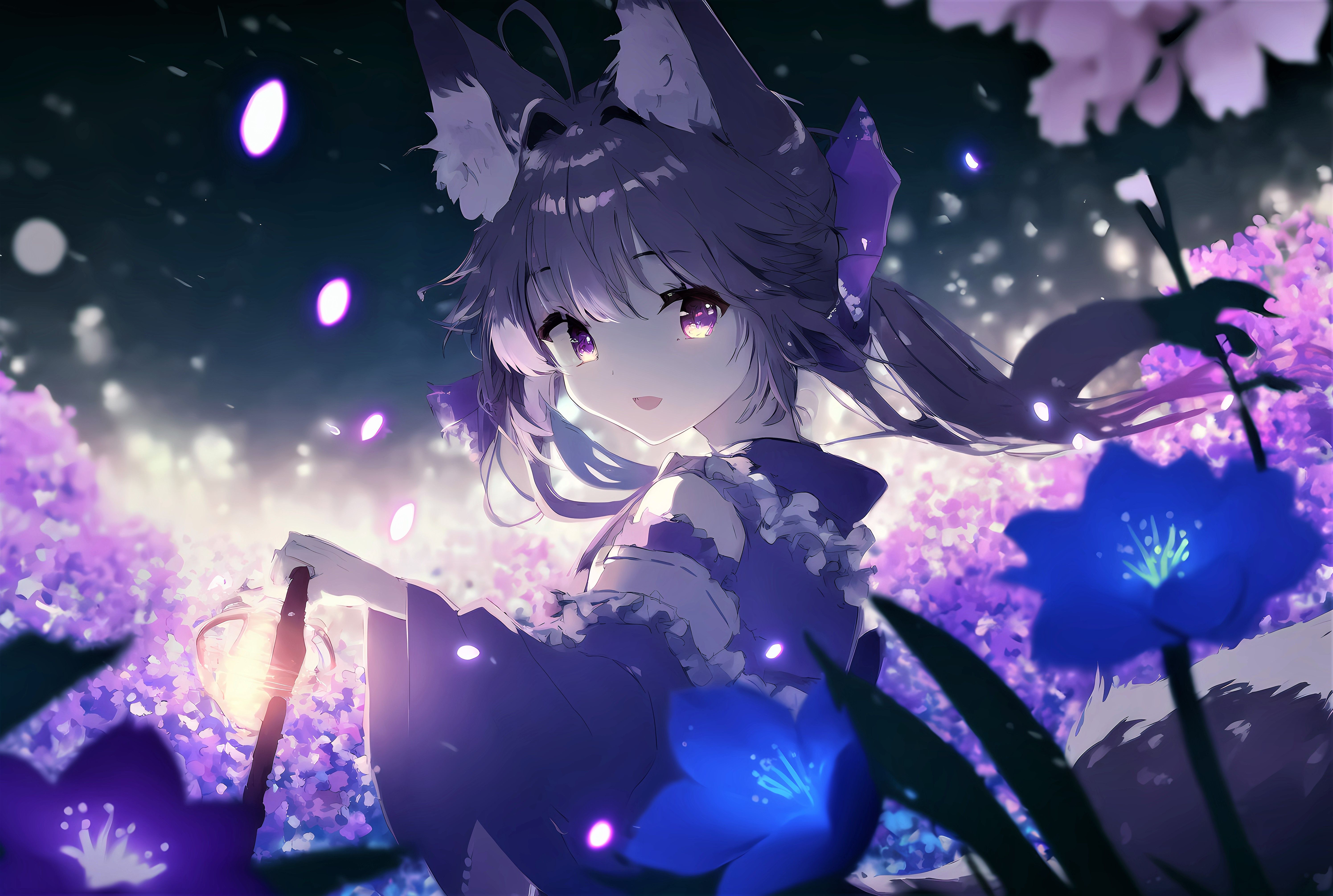 Nighttime anime girl with purple eyes and purple hair in a purple dress surrounded by purple flowers - Anime girl