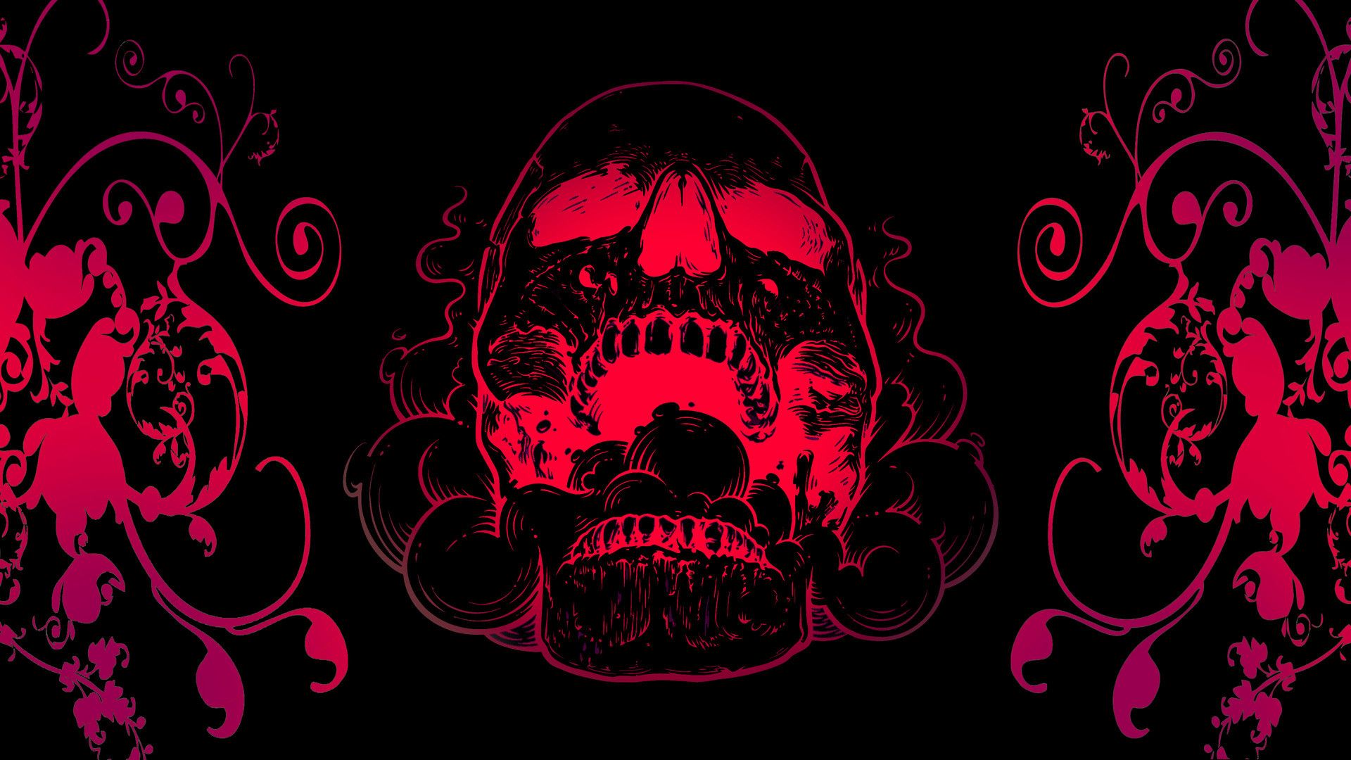 A skull with a red glow and pink floral patterns on a black background. - Skull