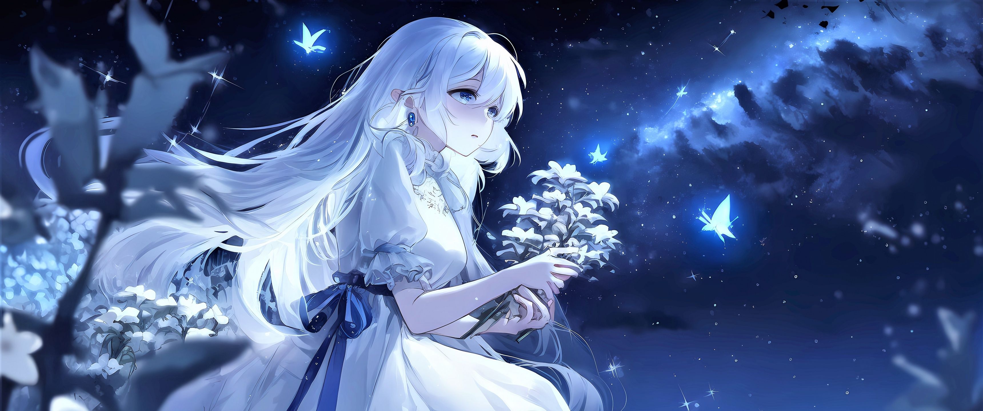 Anime girl with white hair holding flowers in the night sky - Anime girl