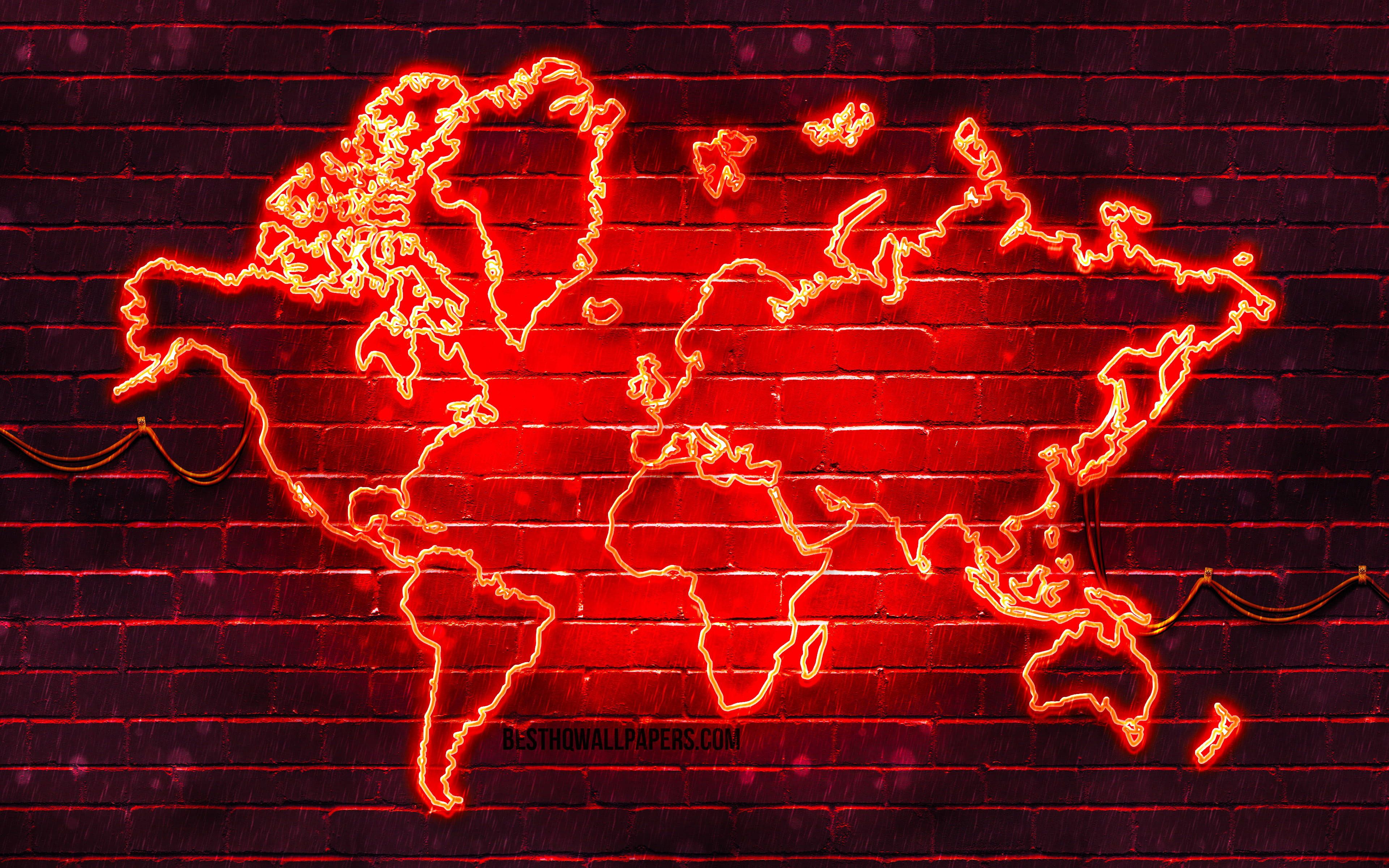 A red neon world map on a brick wall, at least 20 words but no longer than 50 words. - Neon red