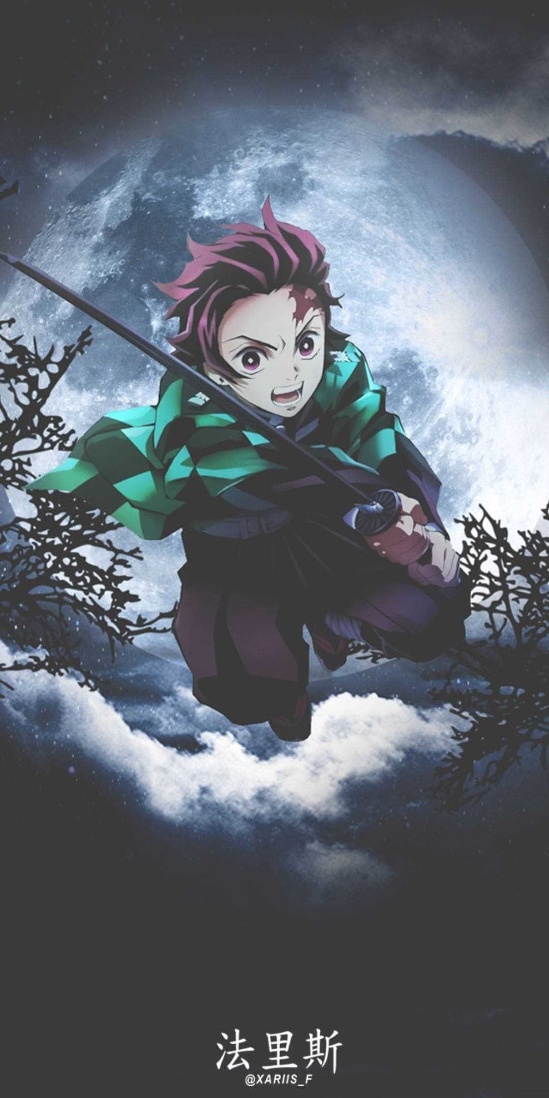 1080x1920 anime phone wallpaper of Tanjiro from Demon Slayer with a sword and full moon background - Tanjiro Kamado