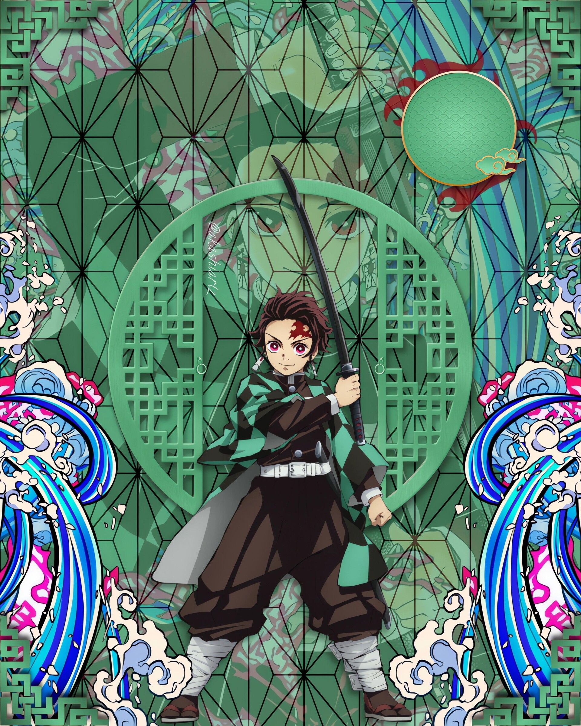 A character from Demon Slayer standing in front of a green background - Tanjiro Kamado