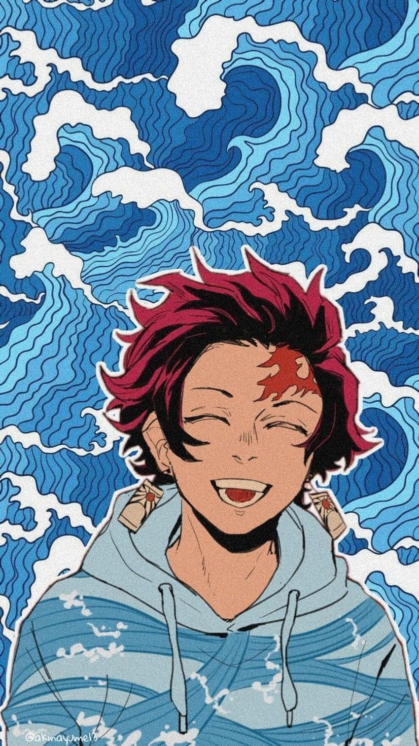 Anime wallpaper phone, image of anime boy with pink hair, wearing a hoodie, with blue waves in the background - Tanjiro Kamado