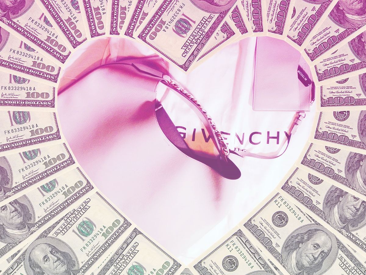 A pink heart with a pair of Givenchy sunglasses on top, with a background of money. - Money