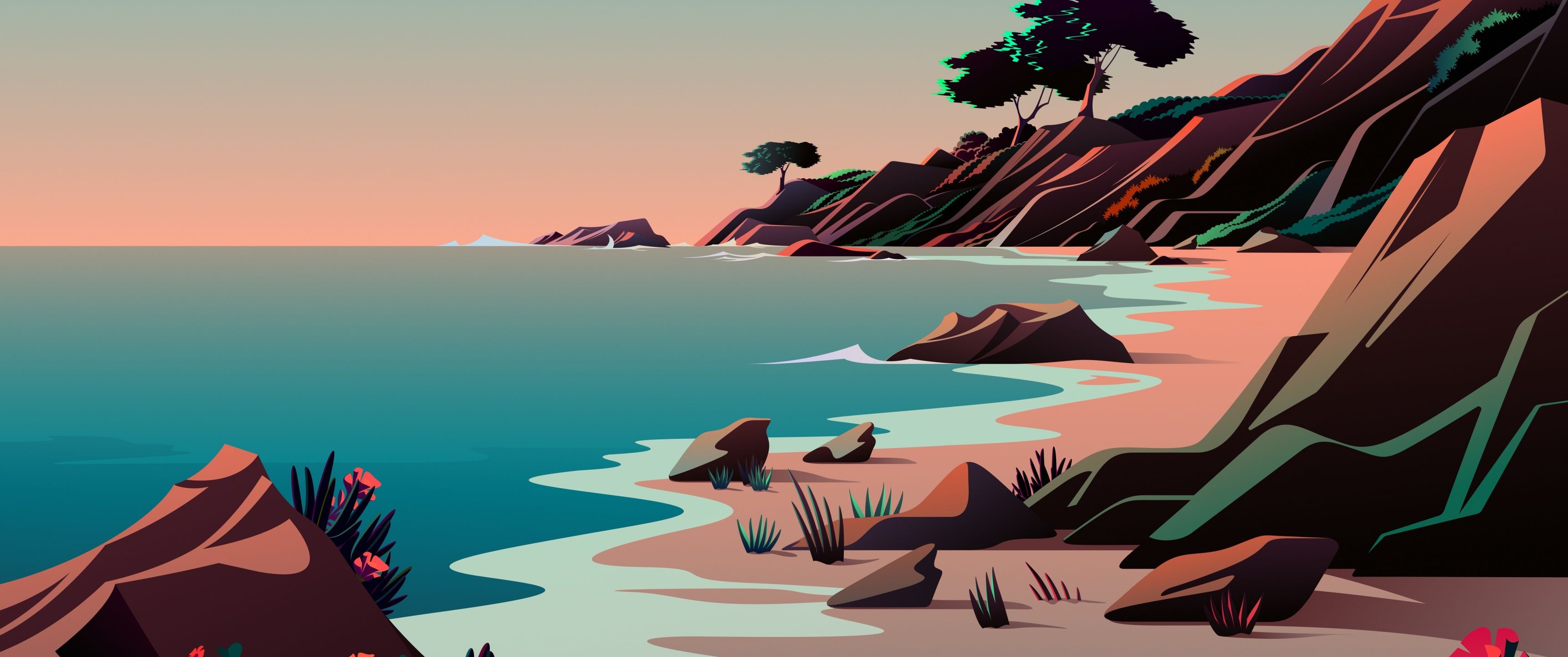 A digital painting of a beach with a stream flowing into the ocean. - 3440x1440, illustration