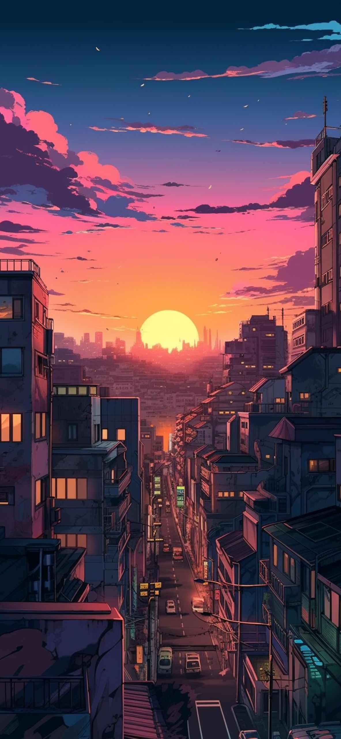 City & Sunset Anime Background Wallpaper
