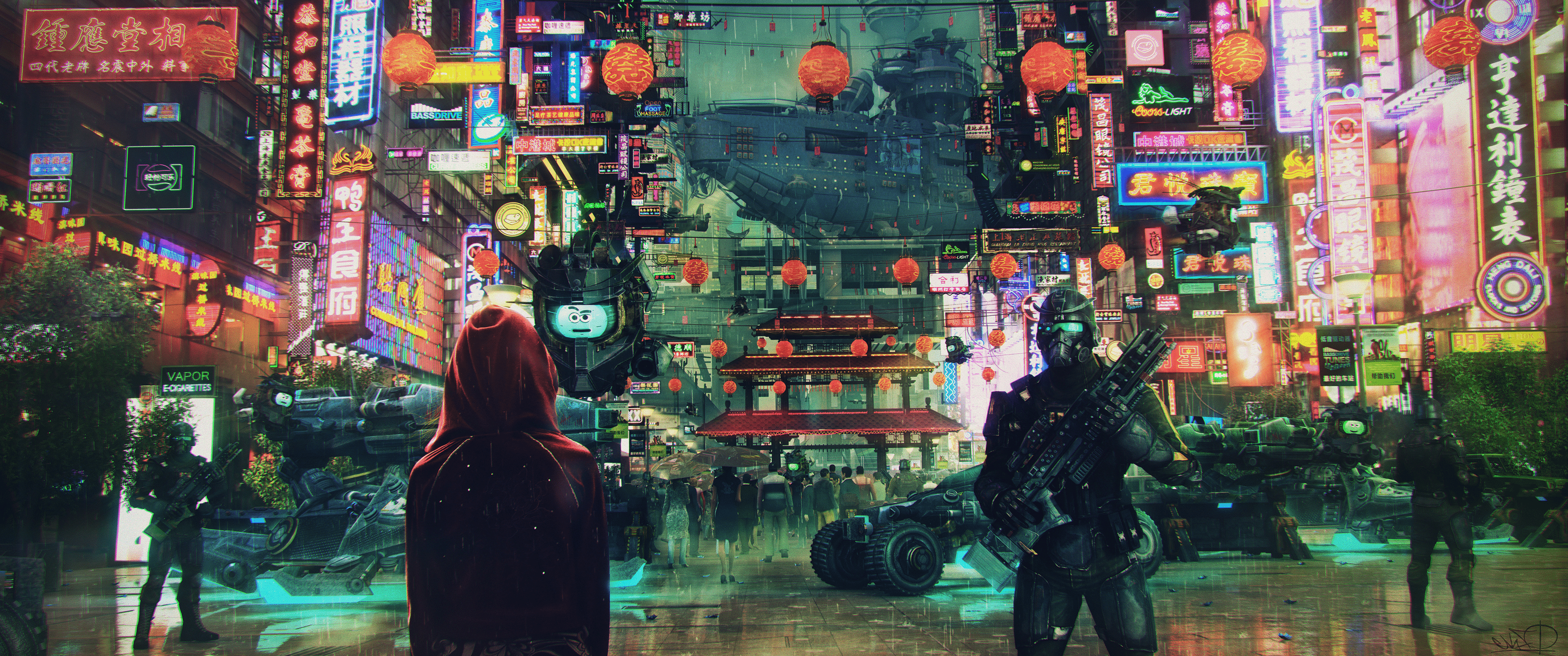 Cyberpunk 2077 wallpaper with a girl and a robot standing in a neon-lit street - 3440x1440