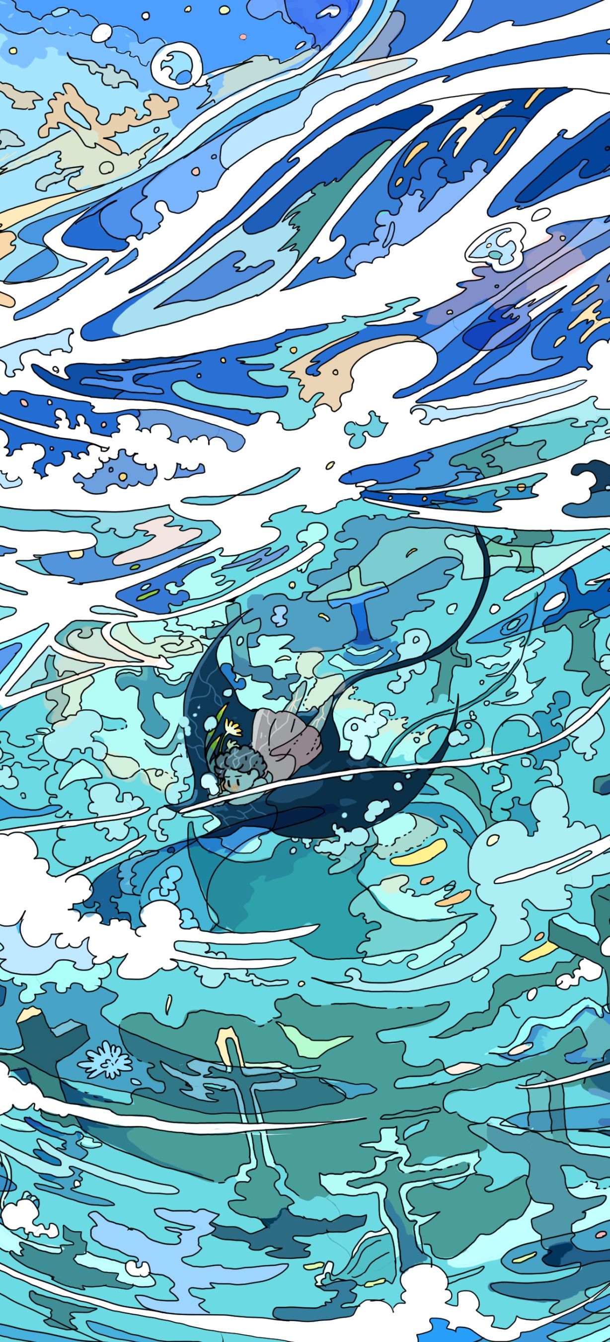A blue and white illustration of a person in a boat on a choppy sea - Underwater