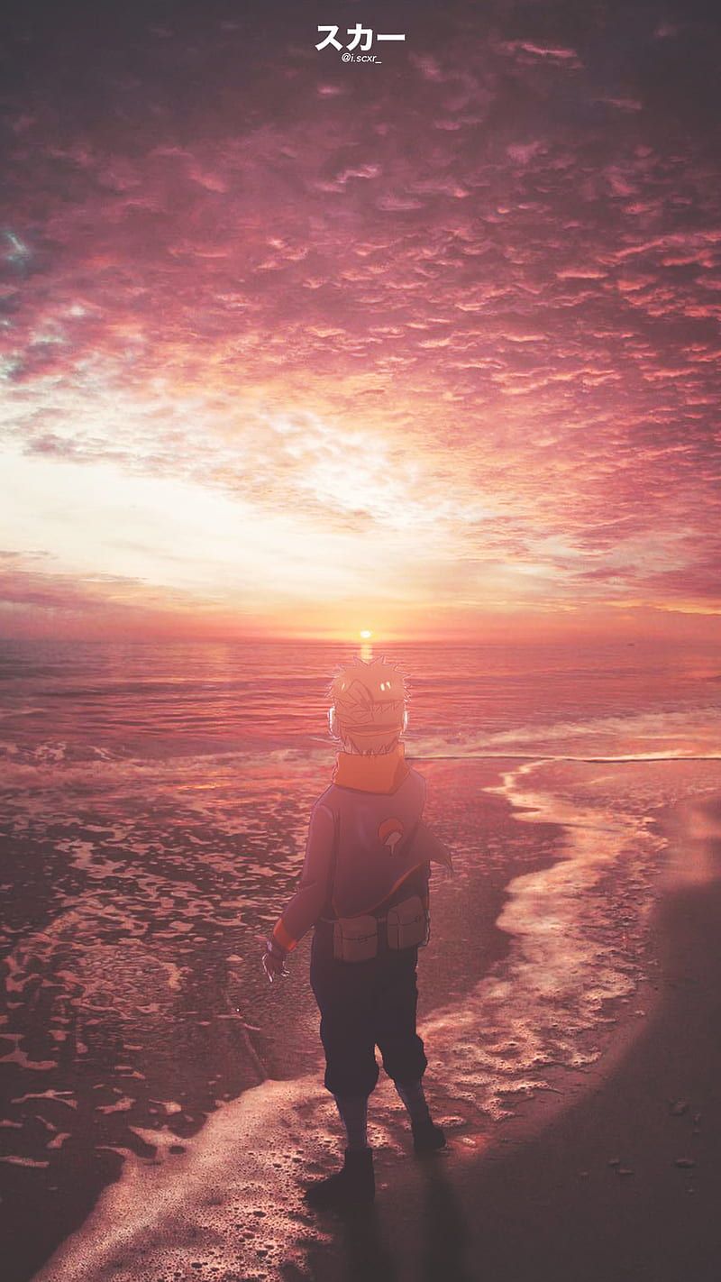 A boy in a spacesuit stands on a beach at sunset - Anime sunset