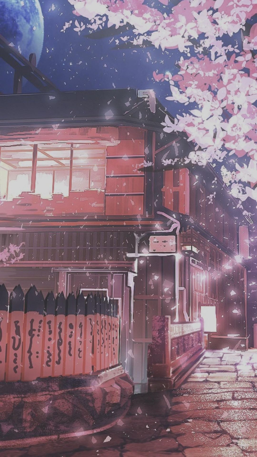 Aesthetic anime houses with cherry blossoms and a full moon - Anime landscape