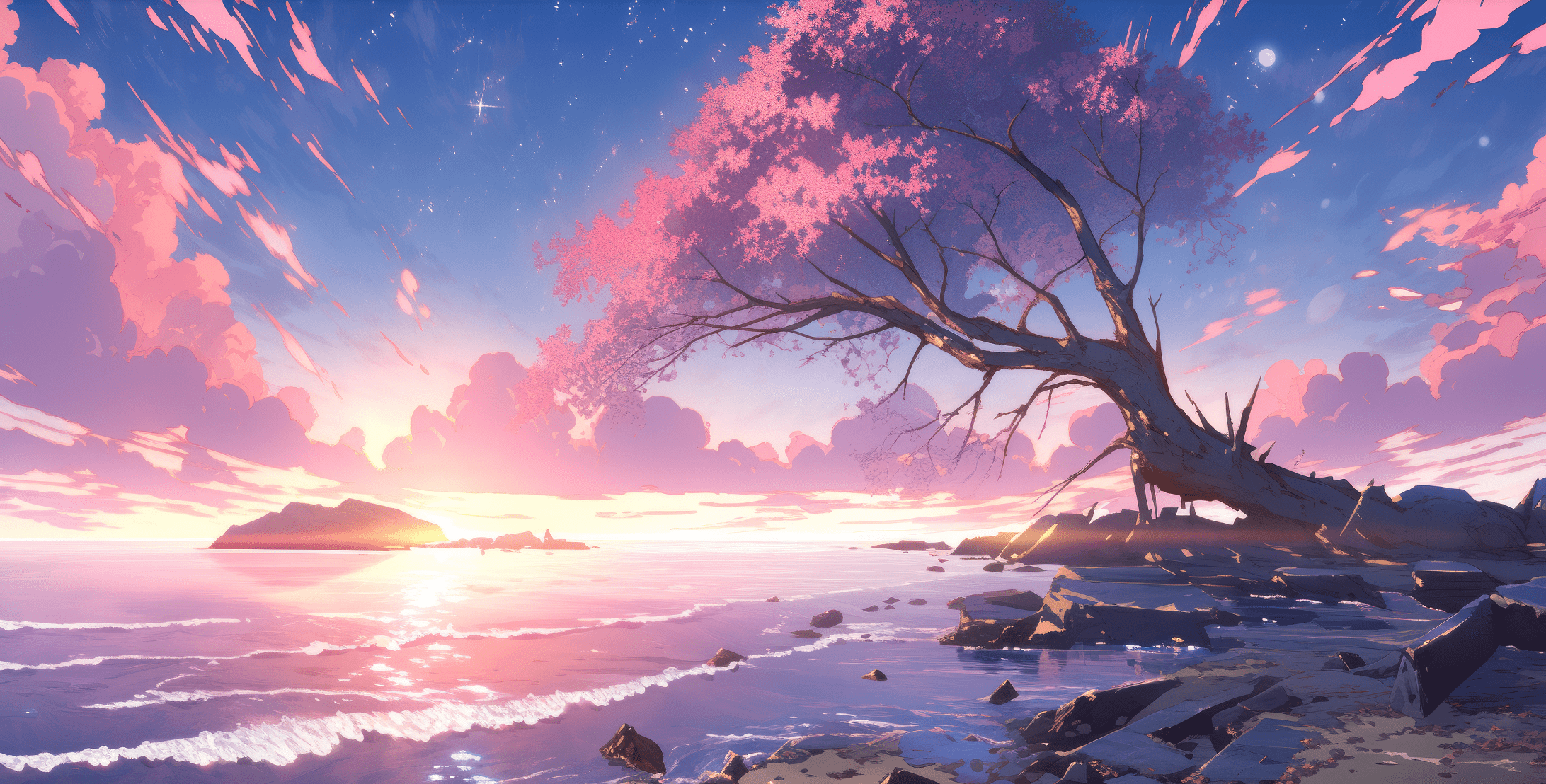 A digital painting of a tree on the beach with the sun setting in the background - Anime landscape, Windows 10, pink anime, landscape