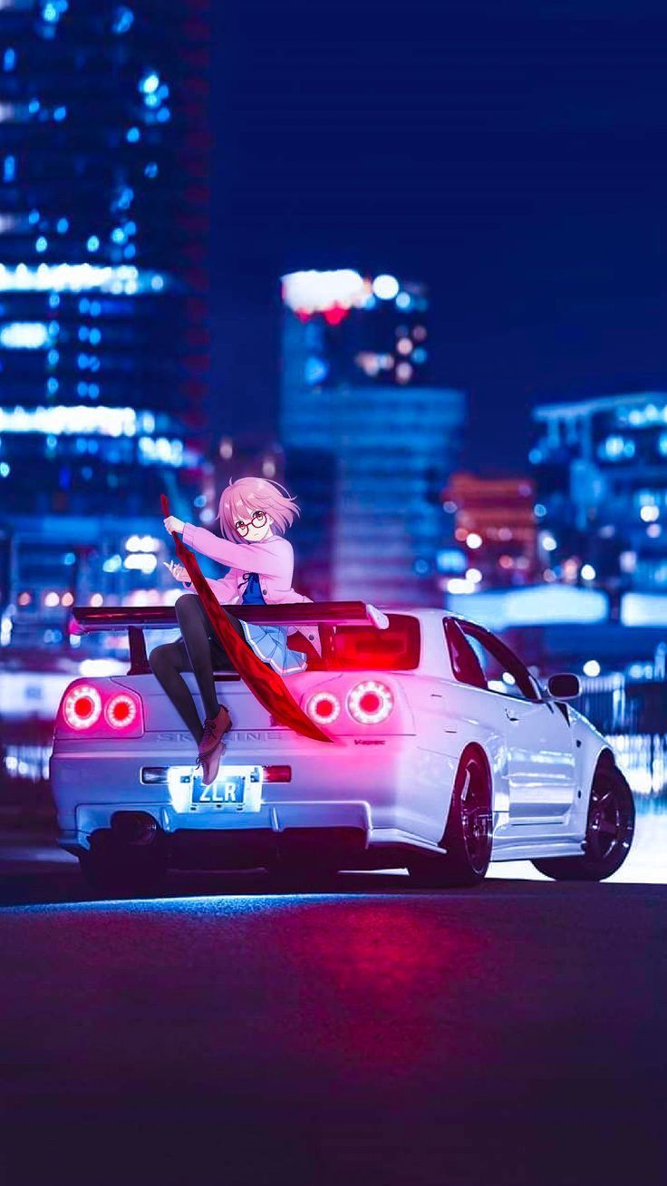 Anime girl with pink hair sitting on the trunk of a white car - JDM