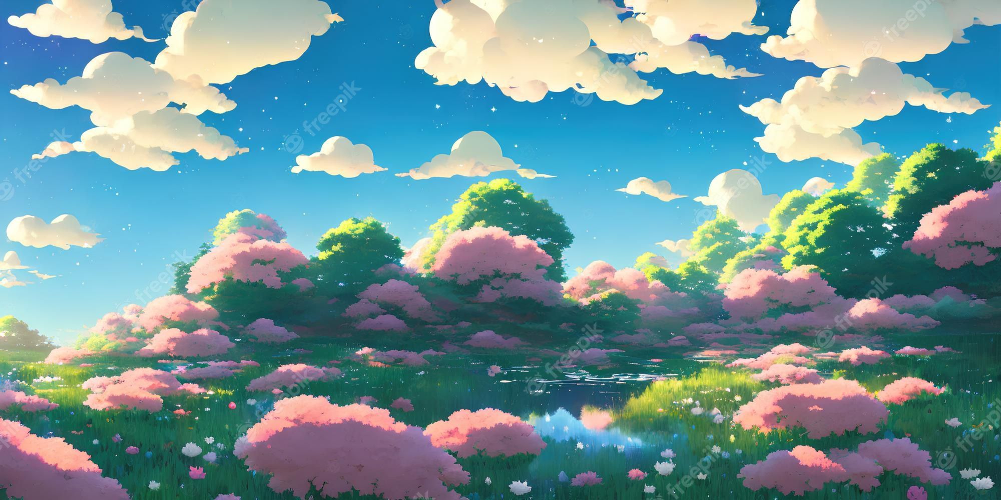 Premium Photo. Natural anime landscape with bright sky and juicy colors