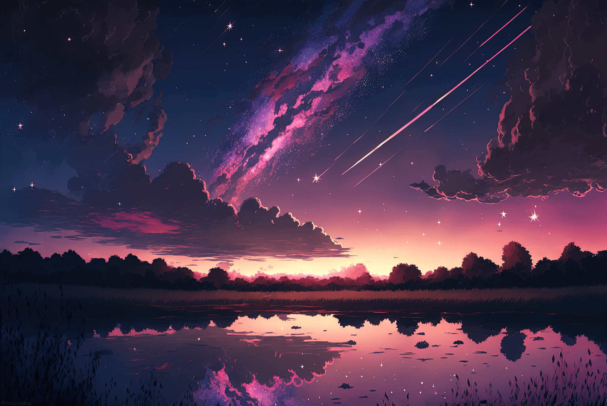 Night sky with stars and shooting stars - Anime sunset