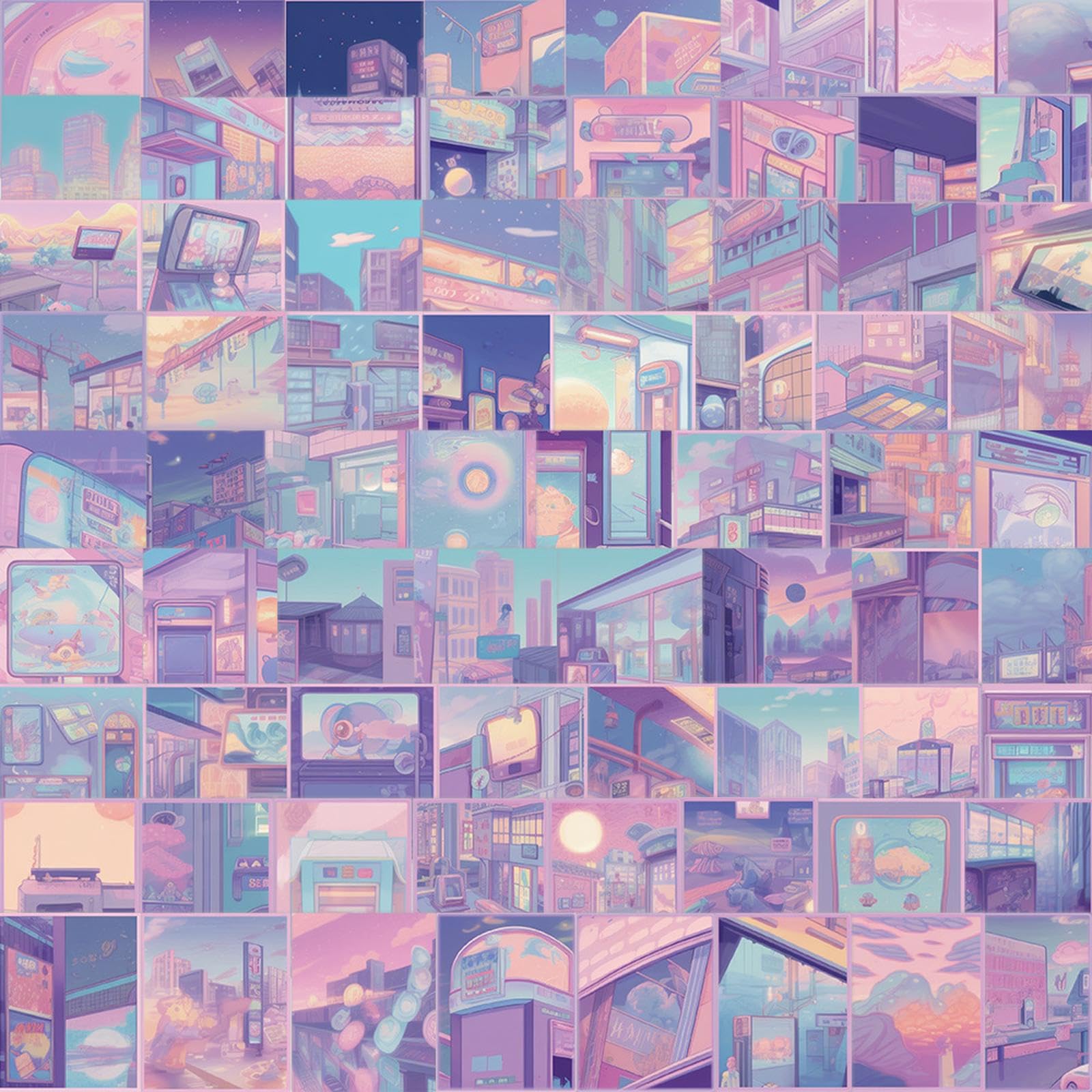 A digital collage of a cityscape in a pastel purple, blue, and pink color scheme. - Anime landscape