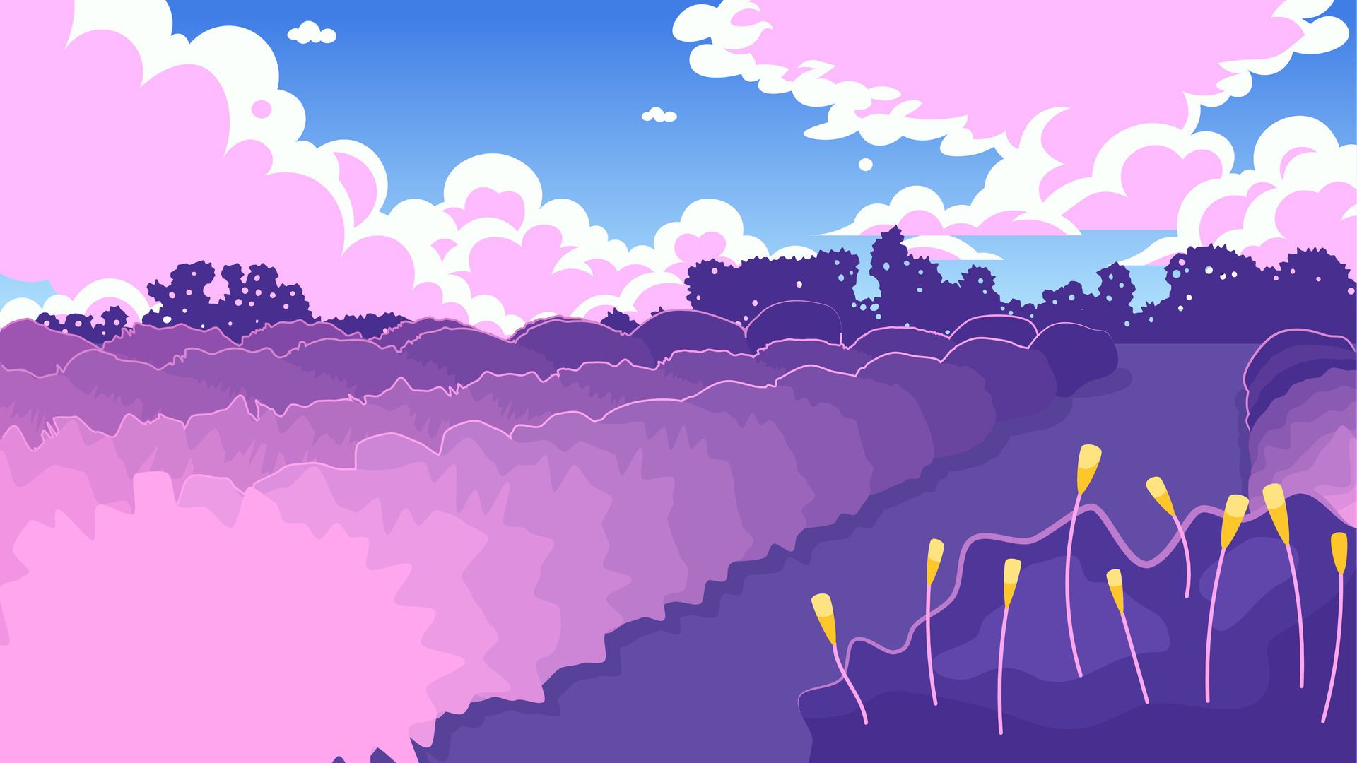 Sunset in the field cute kawaii lo fi background. Fluffy clouds. Park 2D vector cartoon landscape illustration, lofi aesthetic wallpaper desktop. Japanese anime scenery, dreamy vibes