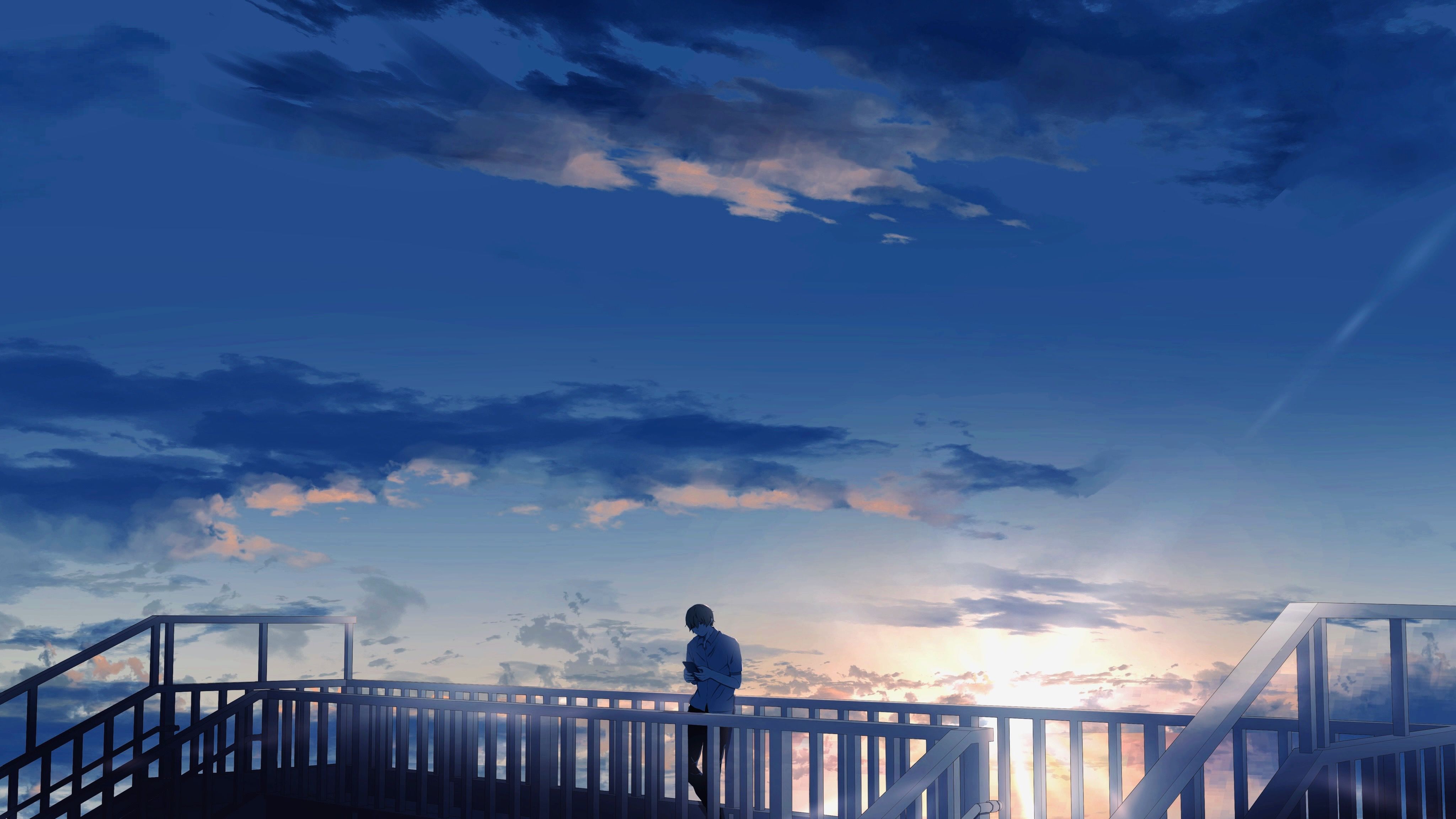 A man standing on a bridge looking at the sunset - Anime sunset