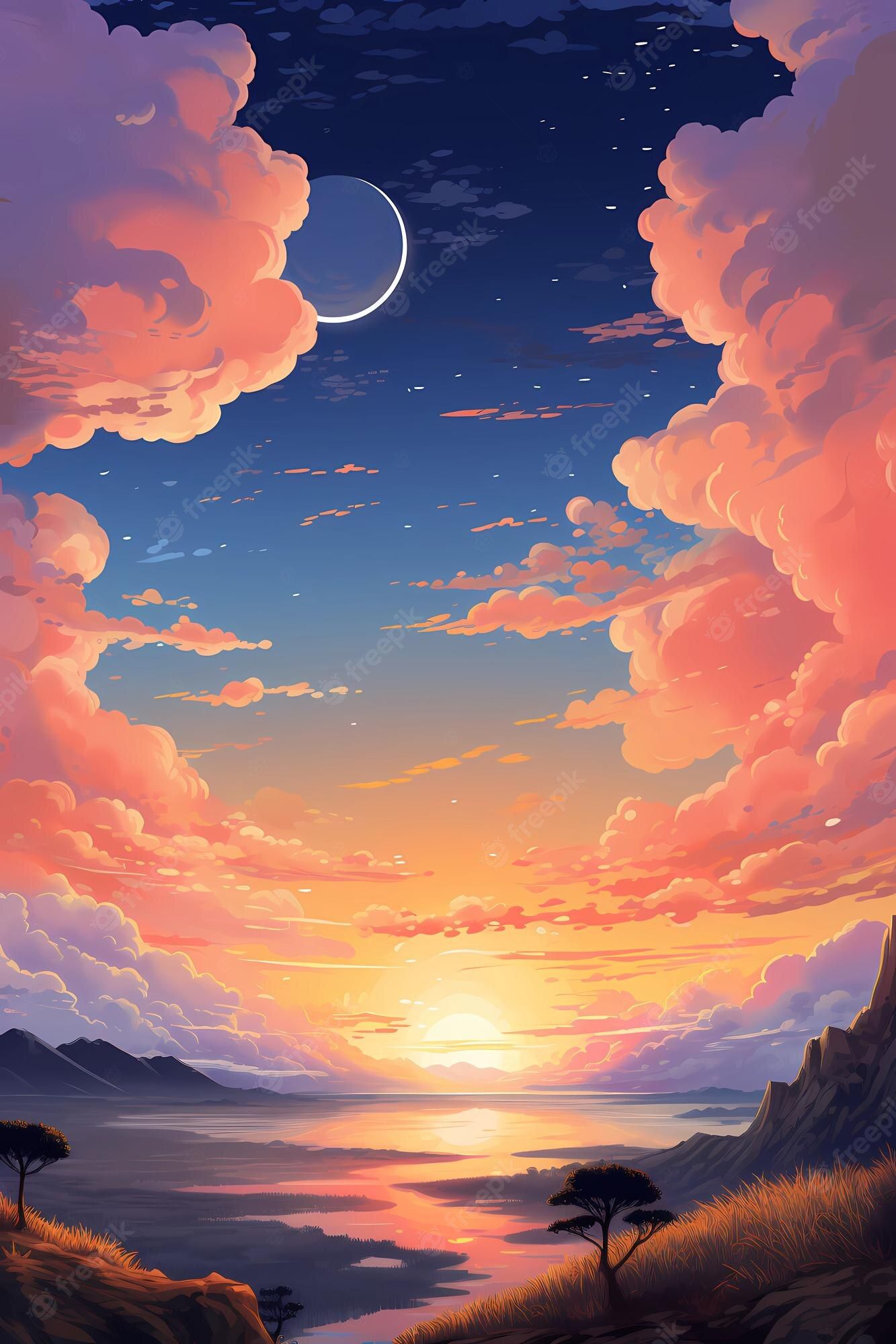 A beautiful anime sunset with a crescent moon in the sky. - Anime sunset