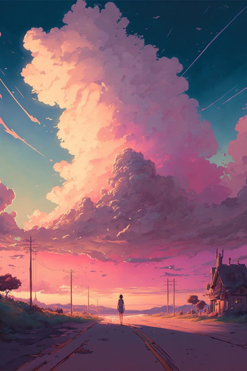A person standing on an empty road under a cloudy sky - Anime sunset