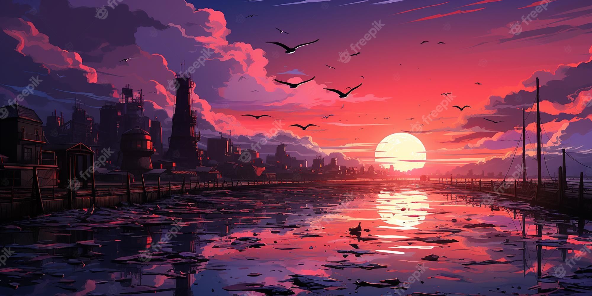 A sunset over a polluted river with a city in the background - Anime sunset