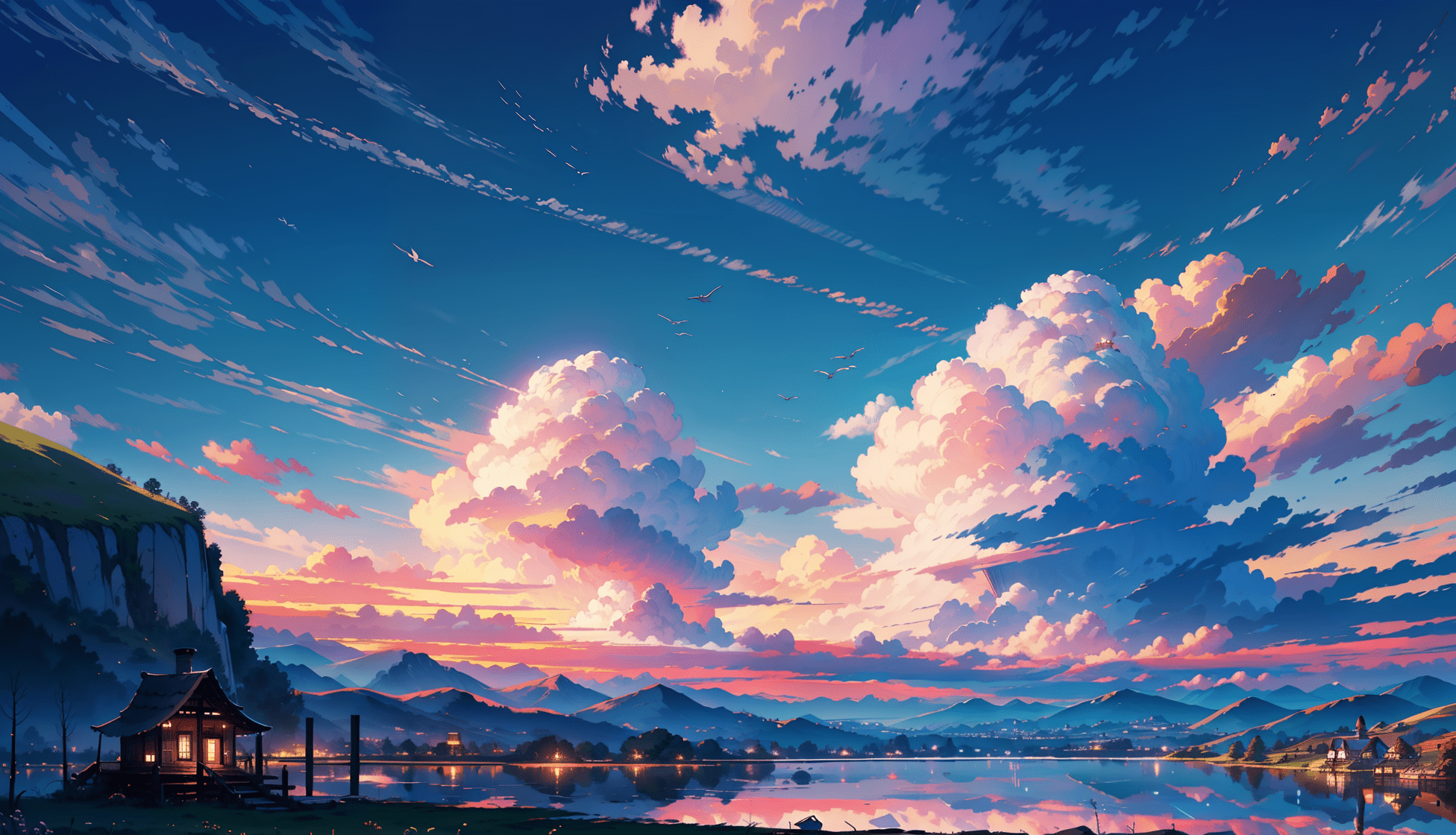 The sky is filled with clouds and there is a building - Anime landscape