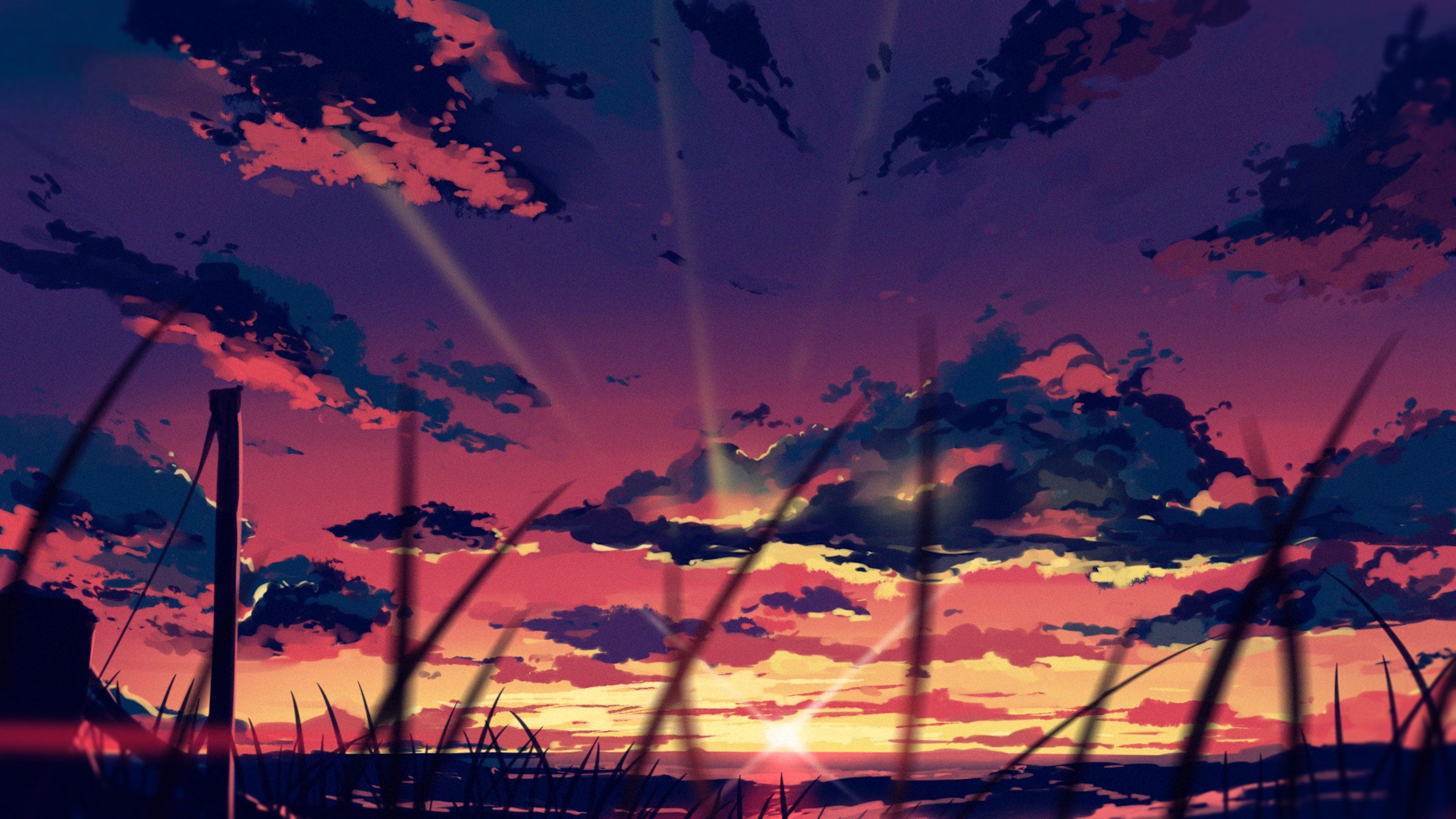 A beautiful sunset with the sun setting behind some tall grass. - Anime sunset