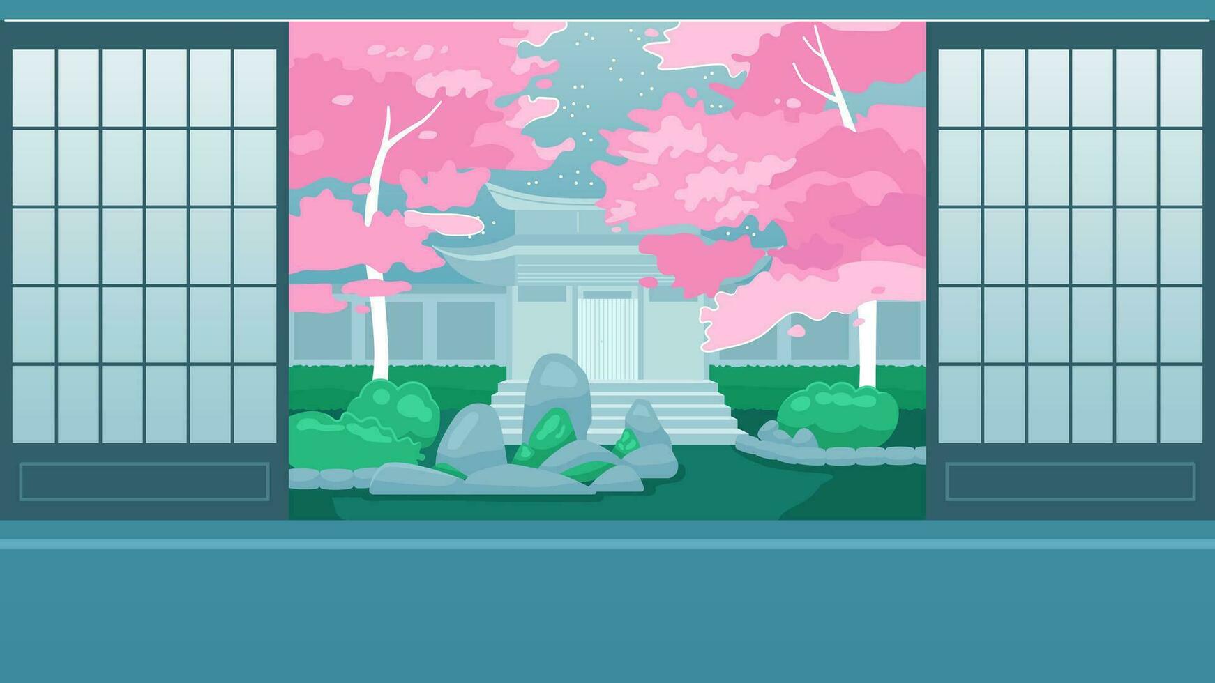 Japanese room interior cute kawaii lo fi background. Sakura garden 2D vector cartoon interior illustration, lofi aesthetic wallpaper desktop. Japanese anime scenery, dreamy vibes - Anime landscape, garden