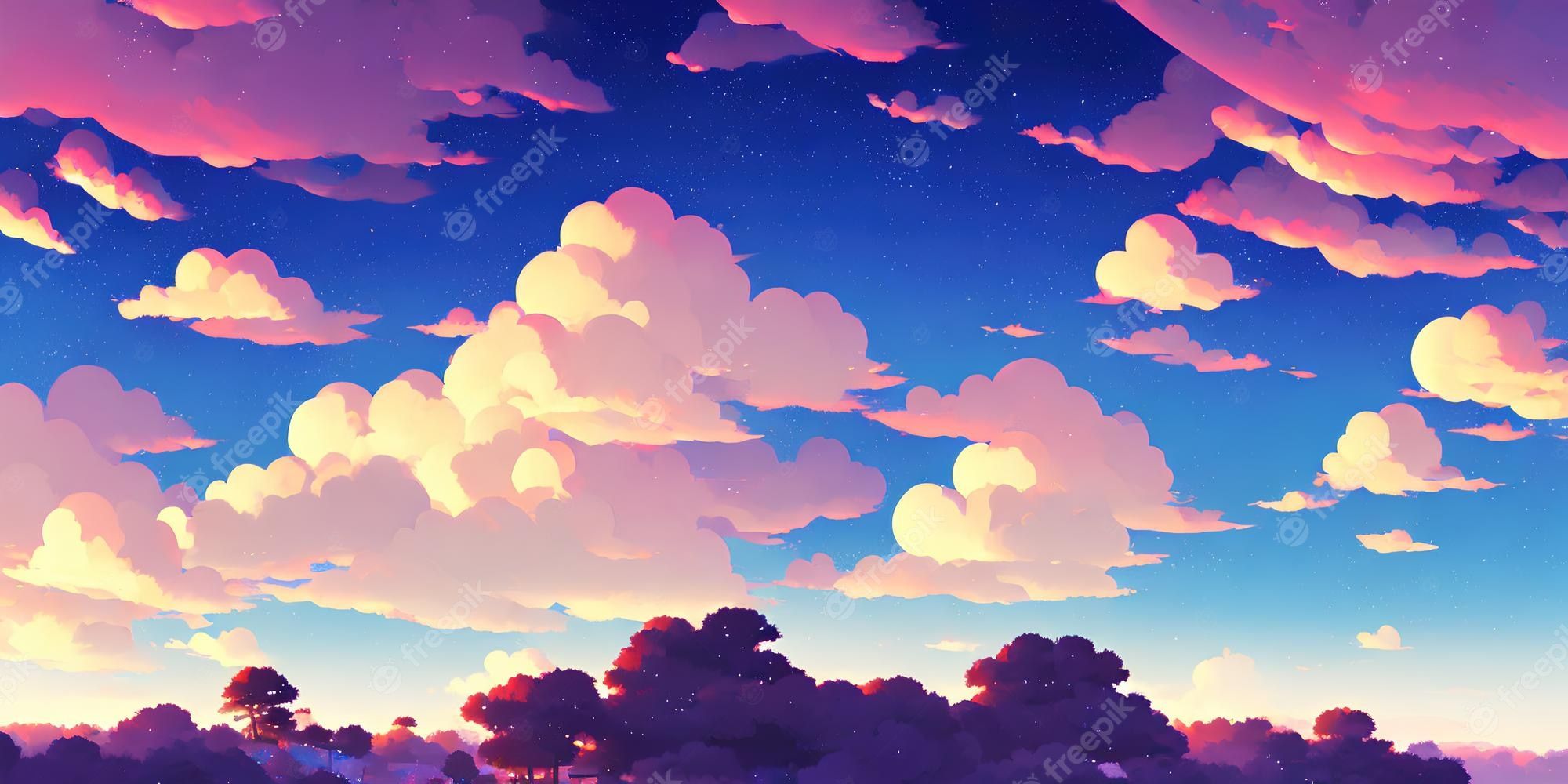Illustration of pink clouds in the blue sky - Anime landscape