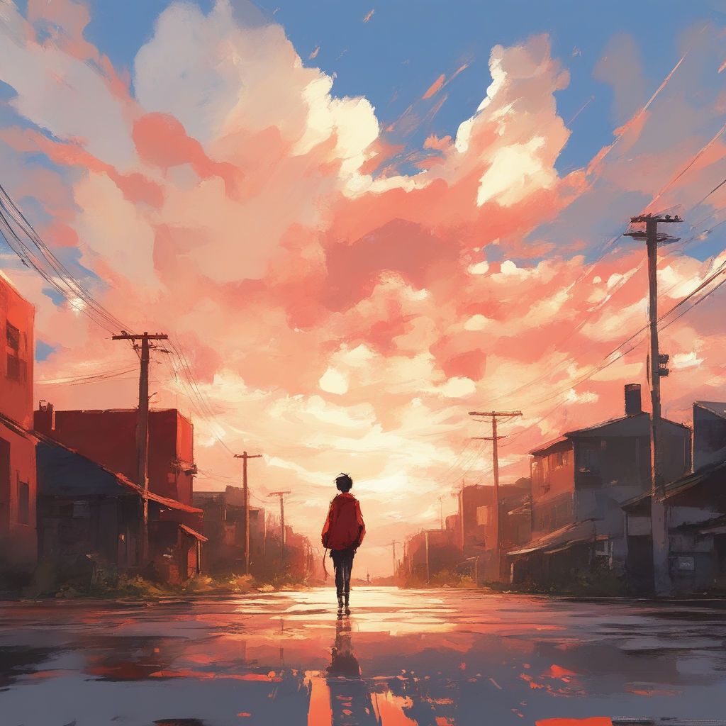 A person walking on a wet street under a beautiful anime scene sunset sky with red and blue clouds as the background. - Anime sunset