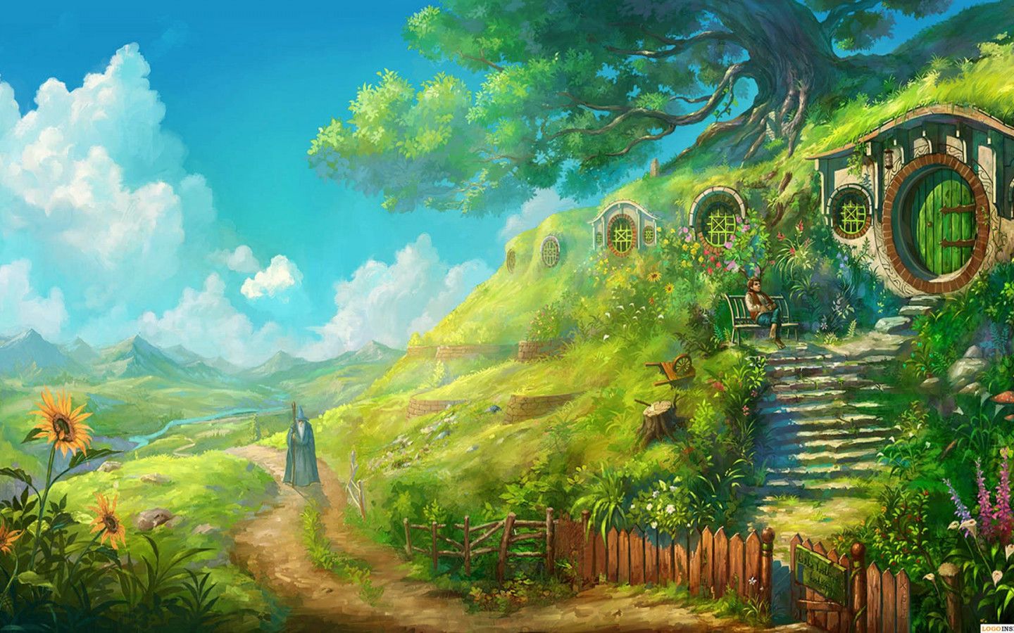 A painting of a hobbit house on a hillside - Anime landscape