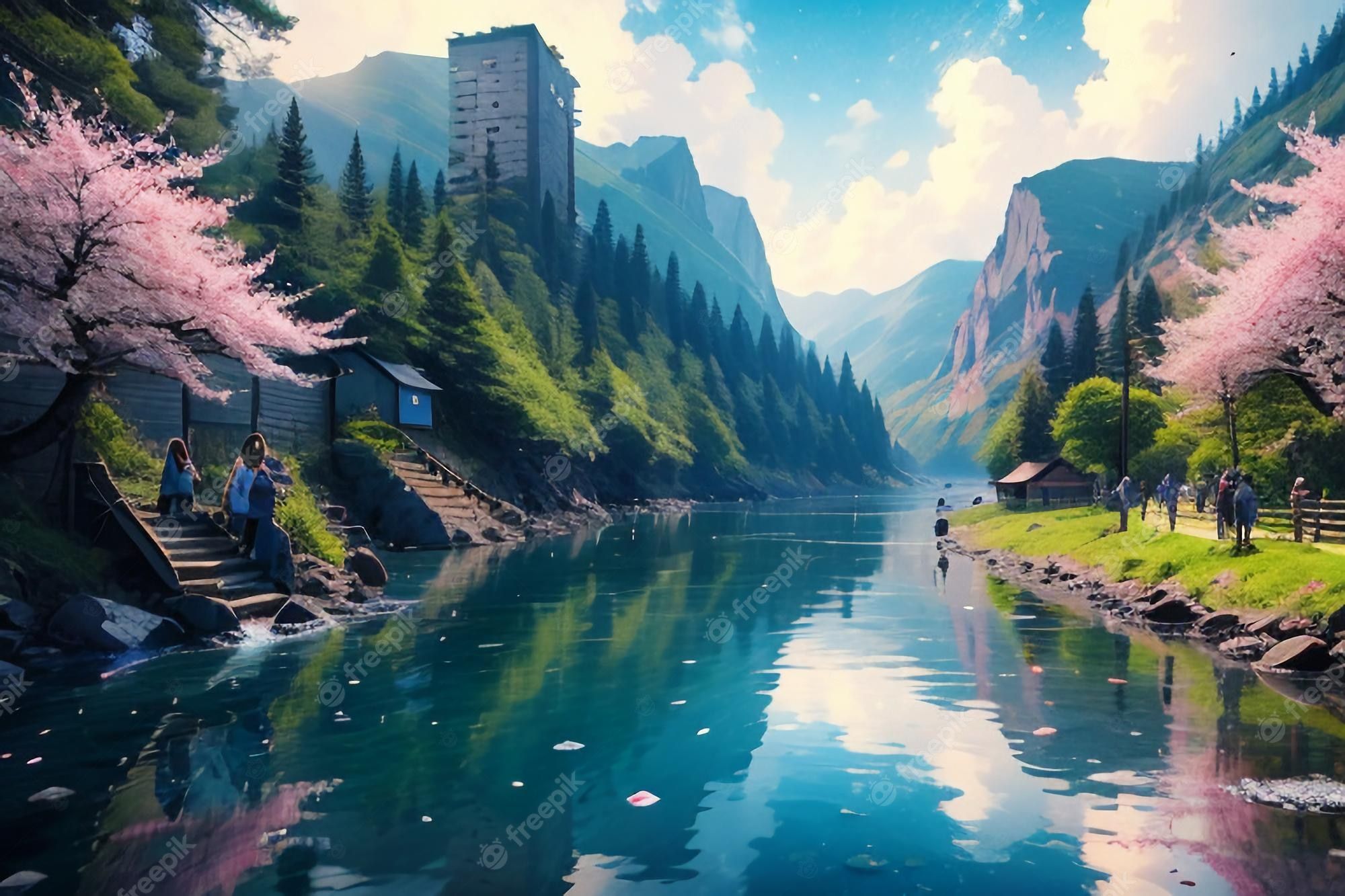 People walking on the river bank with cherry blossoms and mountain background - Anime landscape