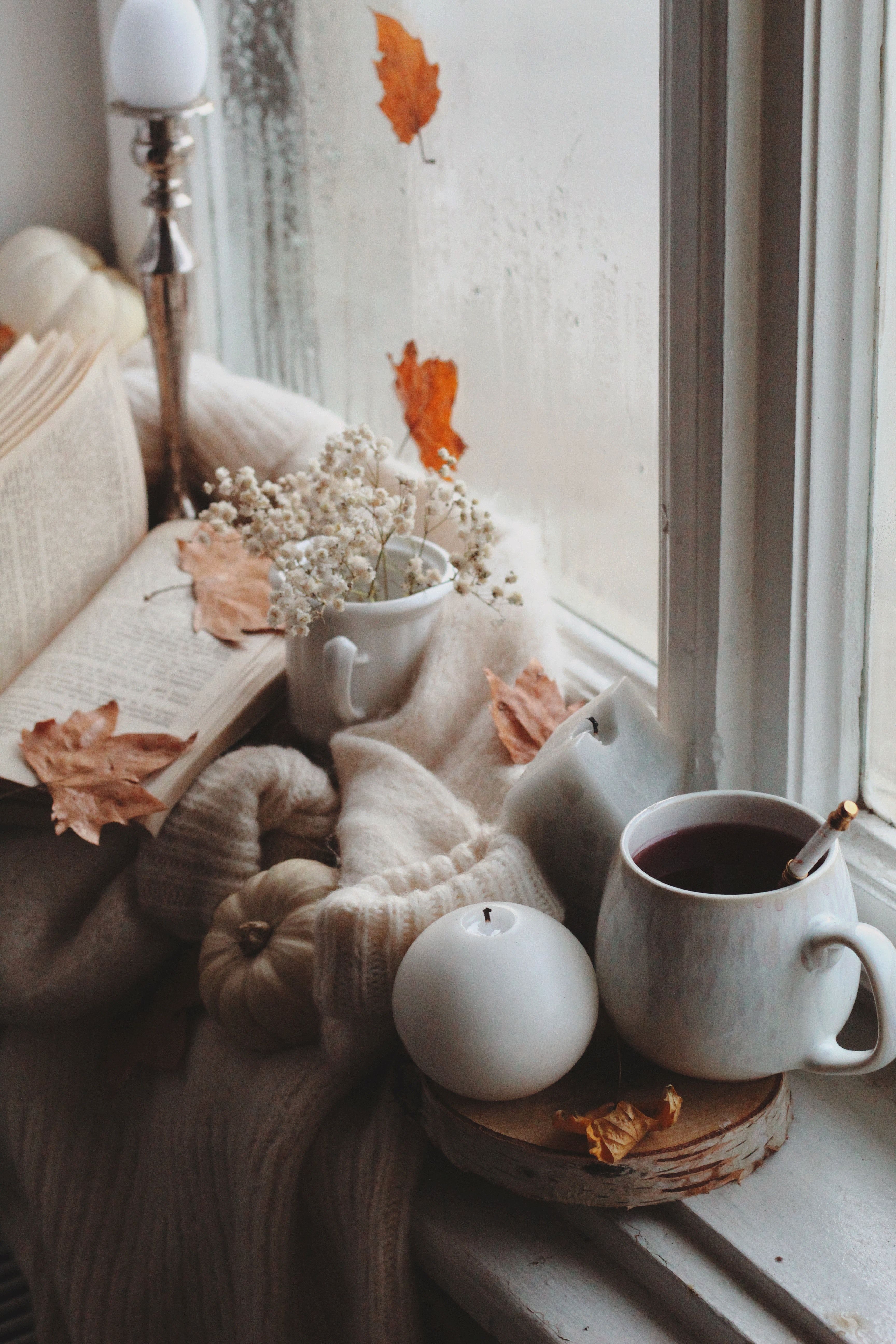 A window sill with a book, a cup of tea, a candle, and a blanket. - Cozy