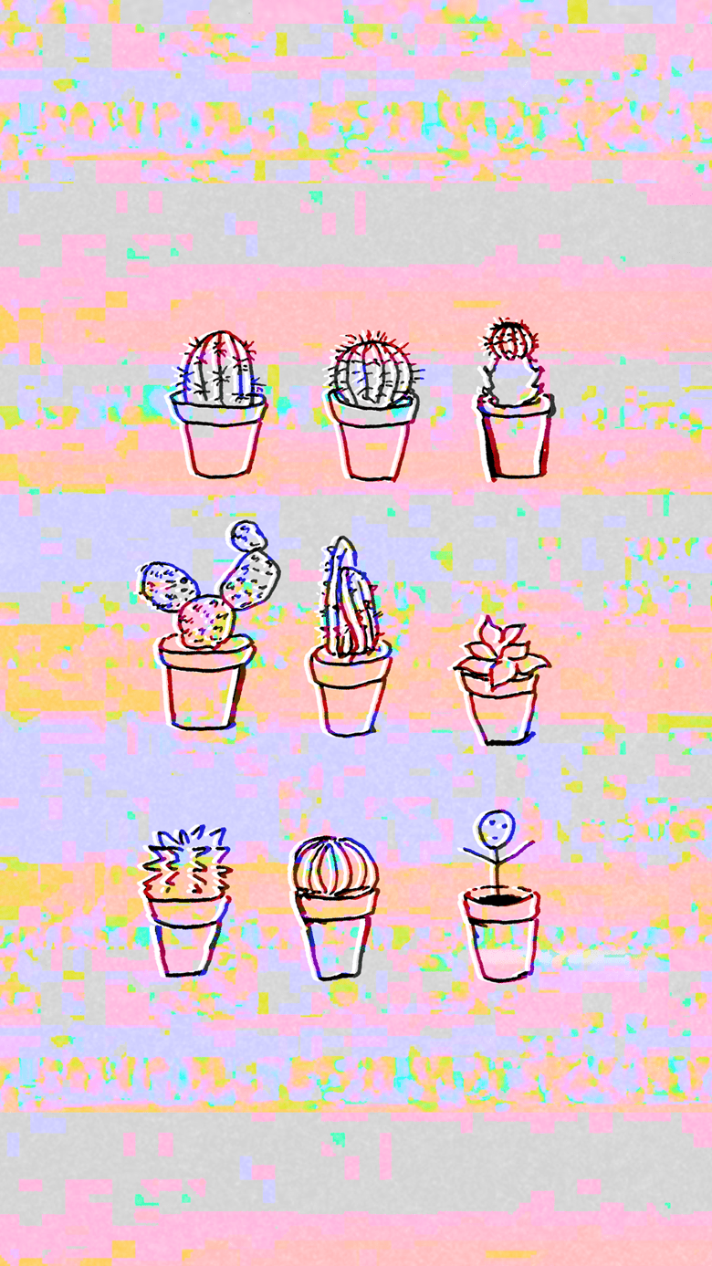 12 different cacti in pots on a rainbow background - Glitch