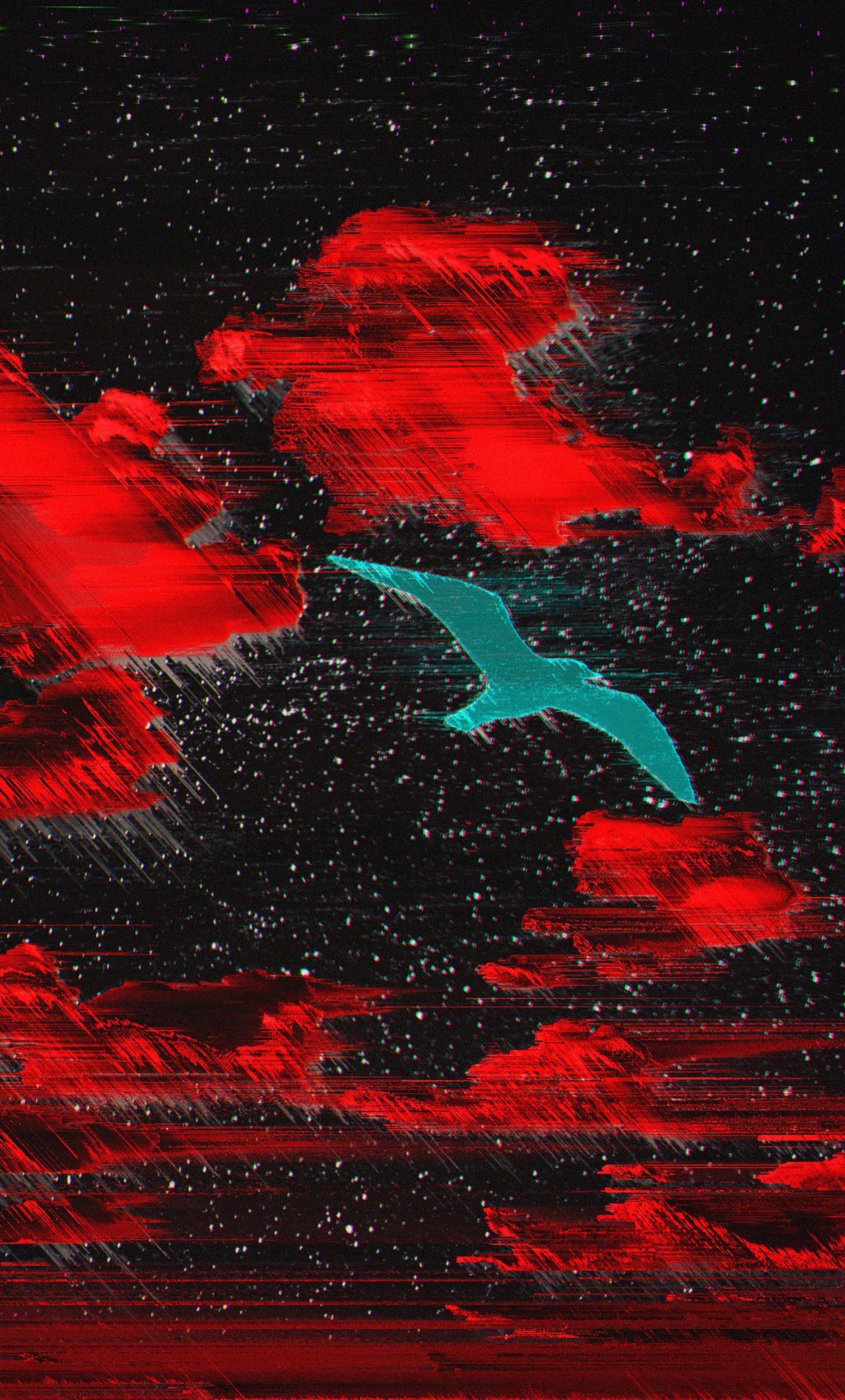 A seagull flying over red clouds - Glitch