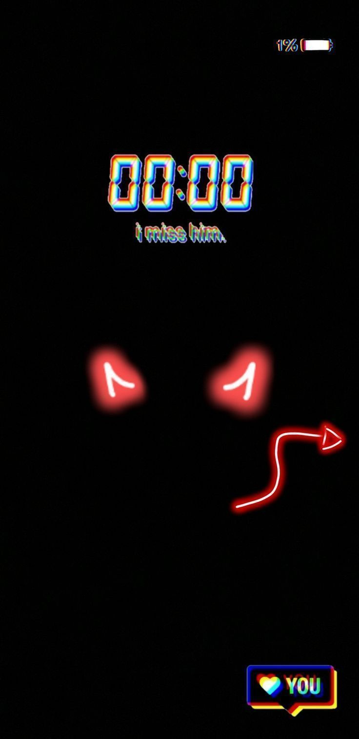A black background with a red neon face with red eyes and red lips. The numbers are blue and the text above says 