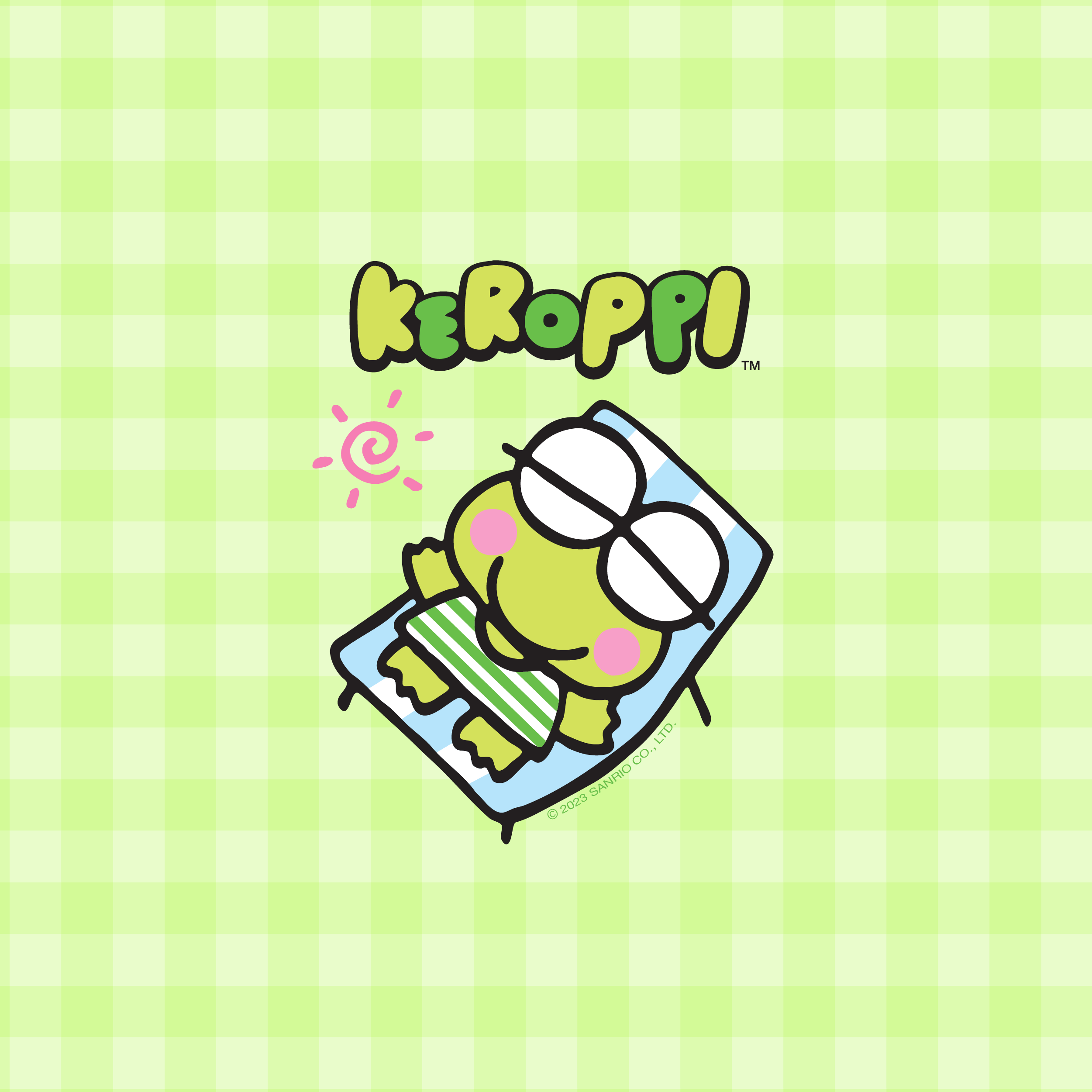 Keroppi, the cute green frog, is lying on a beach chair on a green checked background. - Keroppi