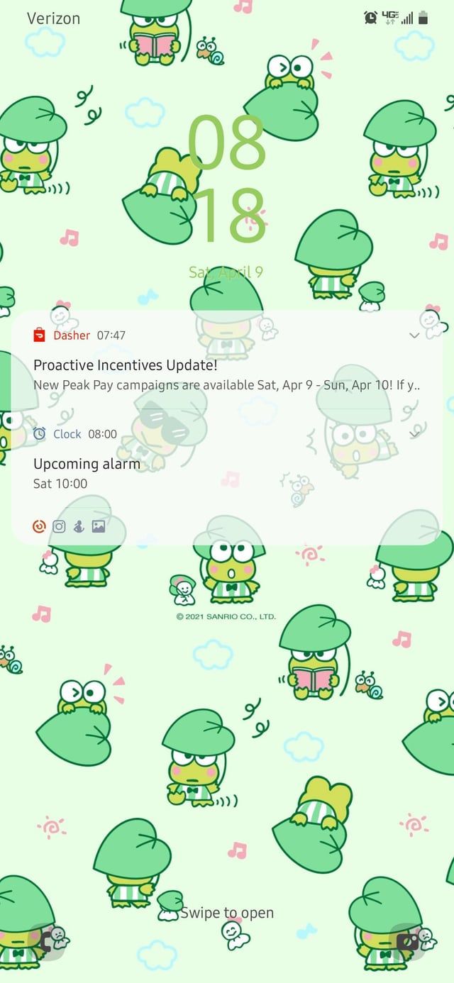 Screenshot of a phone lock screen with various green characters. - Keroppi